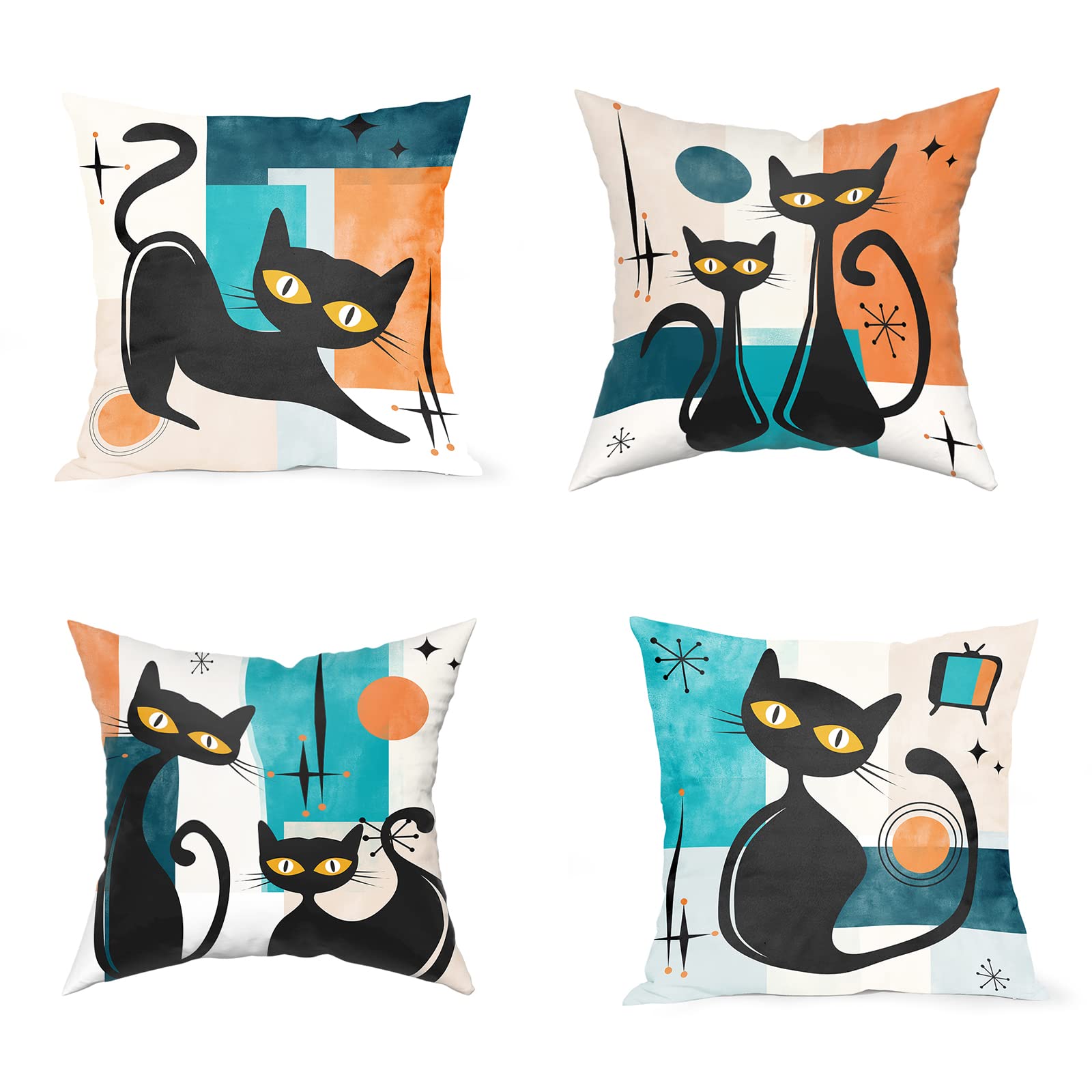Dzglobal Black Cat Pillows Retro Atomic Cat Cushion Covers Mid Century Pillow Covers Halloween Throw Pillow Covers 20X20 For Mod