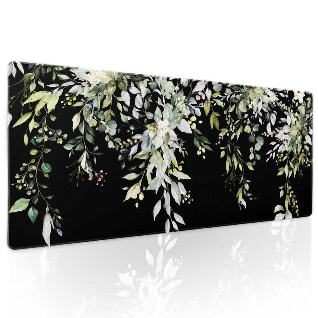 Sage Green Leaves Gaming Mouse Pad Xl Spring Summer Floral Extended Large Desk Mat Black Big Mousepad Non-Slip Rubber Base Stitc