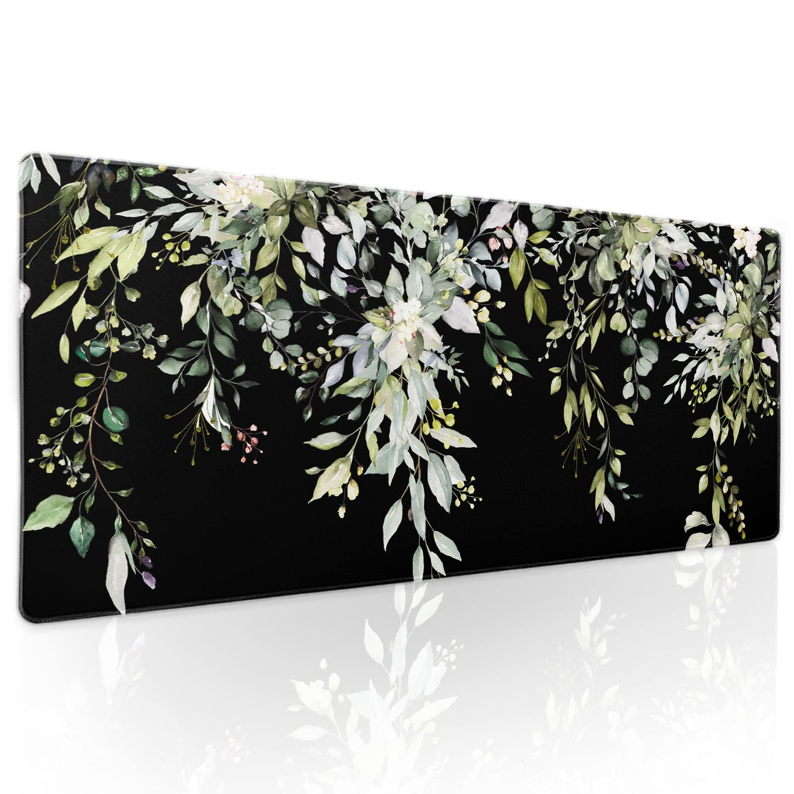 Sage Green Leaves Gaming Mouse Pad Xl Spring Summer Floral Extended Large Desk Mat Black Big Mousepad Non-Slip Rubber Base Stitc