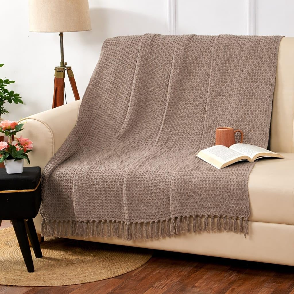 Tarantaran Waffle Weave Cotton Throw Blanket  Lightweight, Breathable & Cozy for Sofa or Bed (100% Cotton)(50X60 Inches) (Beige