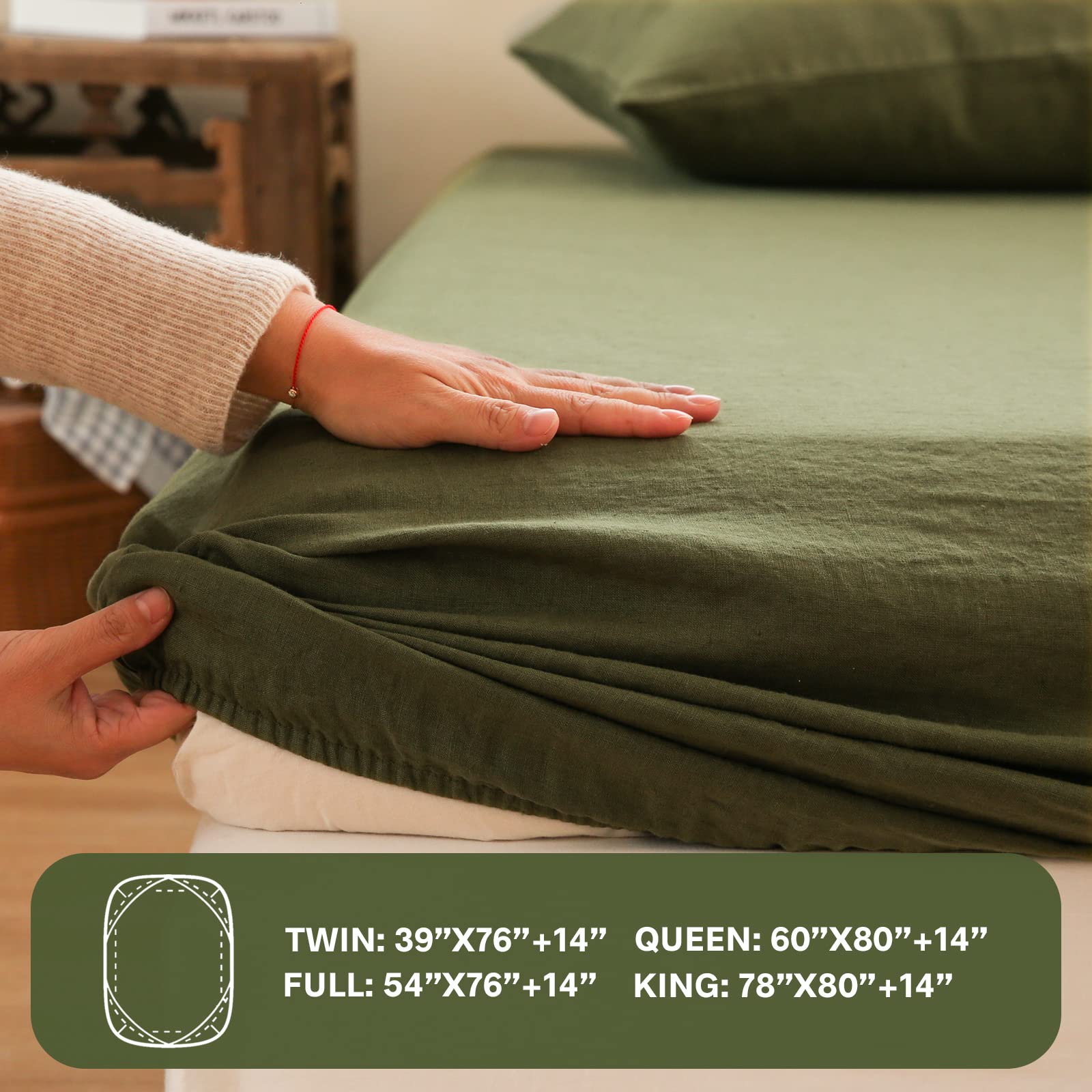 Simple&Opulence Premium 100% Linen Fitted Sheet (1 Piece) Full Size Mattress Cover, 14''Deep Pocket Natural Belgian Flax Bottom