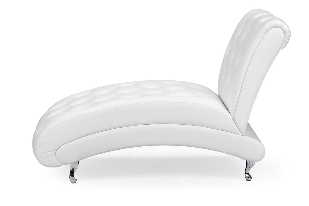 Baxton Studio Pease Contemporary Faux Leather Upholstered Crystal Button Tufted Chaise Lounge, White