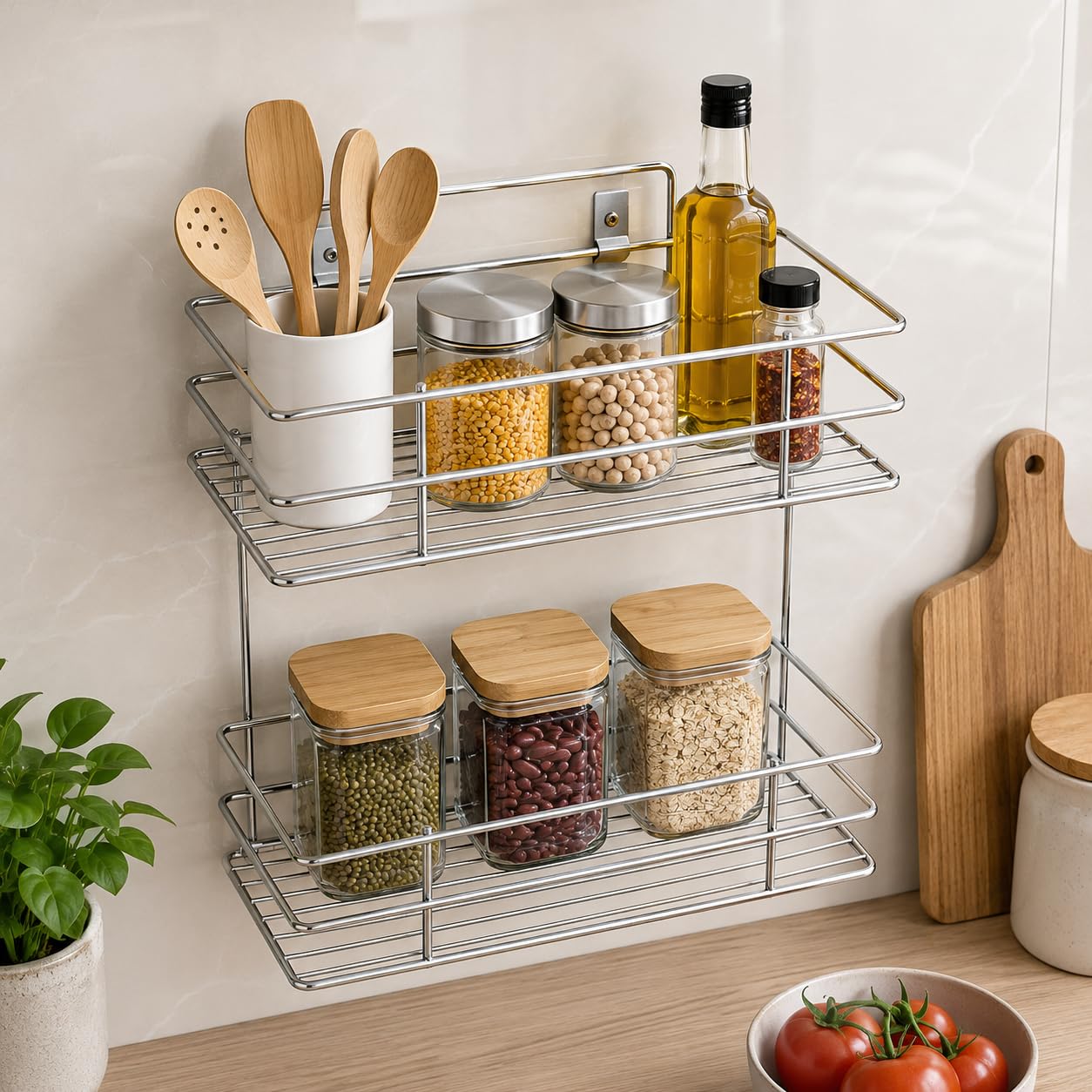 Nh10 Designs Storage Organizing Rack, Wall Mounted Kitchen Organiser Shelf, 2Tier Layer Fruits & Vegetable Onion Rack, 2 Layer 