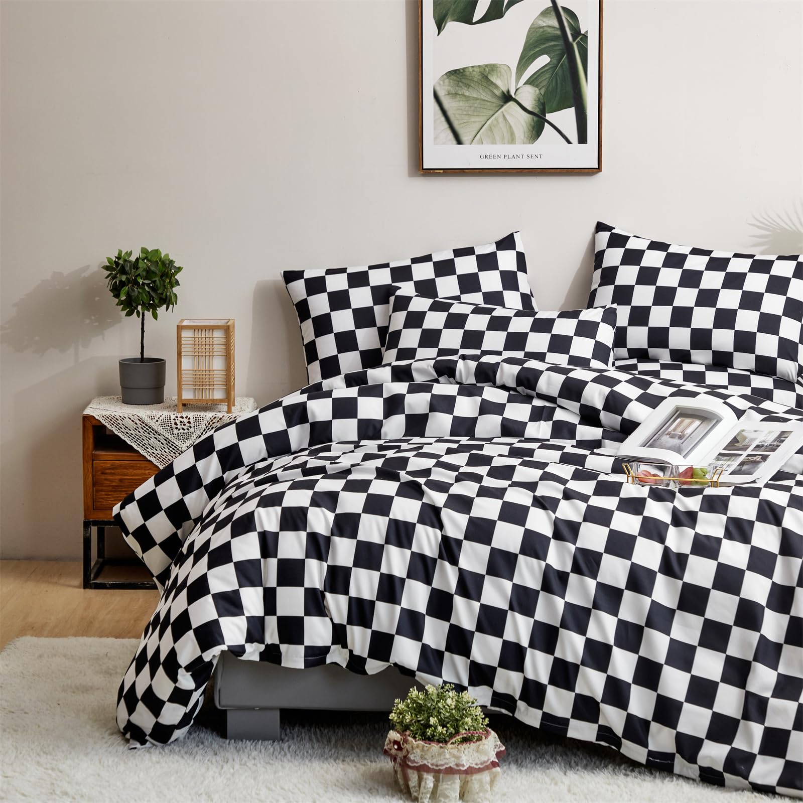 Clothknow Black White Plaid Queen Comforter Set 3Pcs Black White Bedding Comforter Sets Grid Queen Comforter Soft Checker Queen Size Comforter Sets