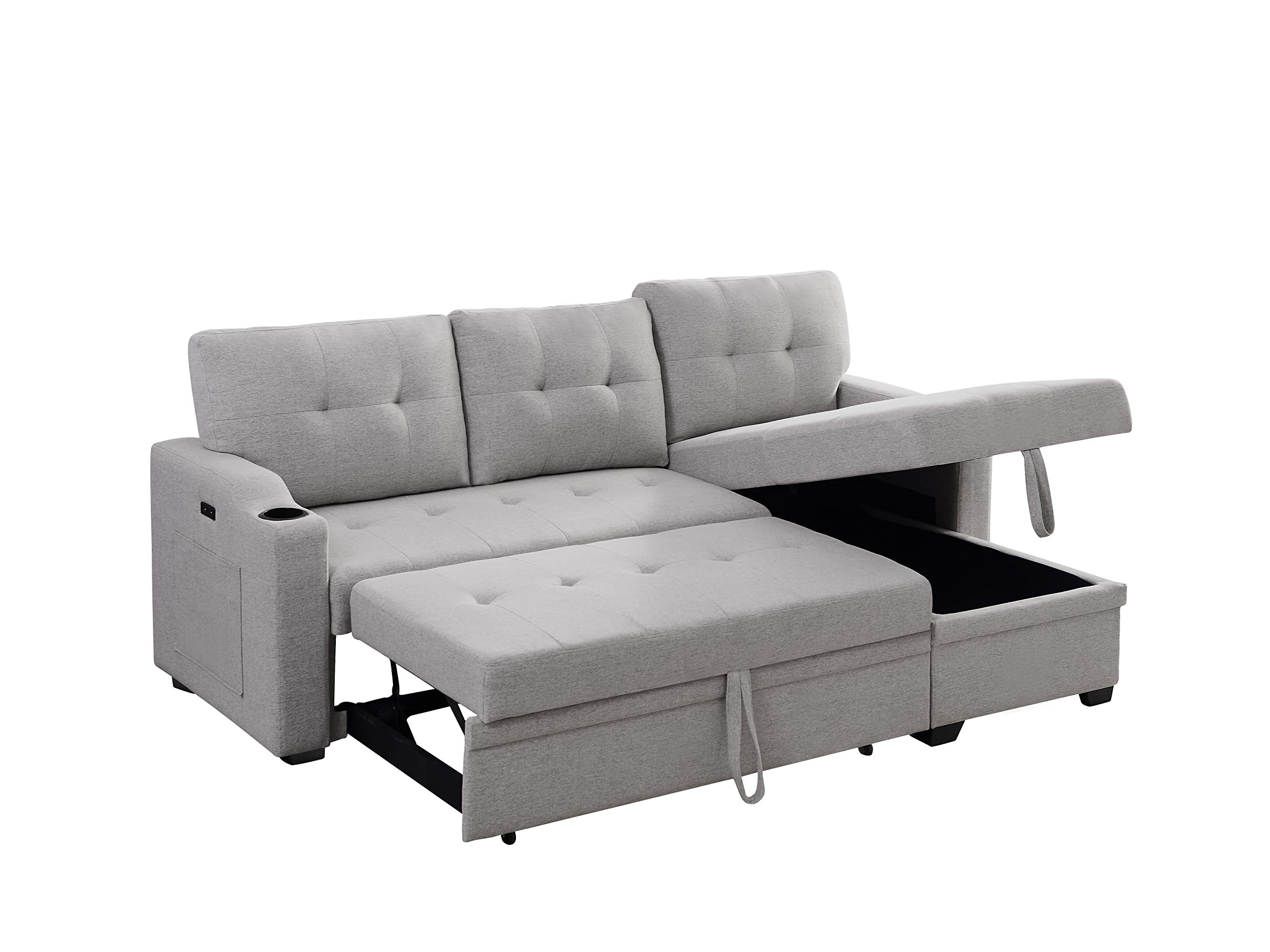 Lilola Home Mabel Light Gray Linen Fabric Sleeper Sectional with cupholder, USB Charging Port and Pocket