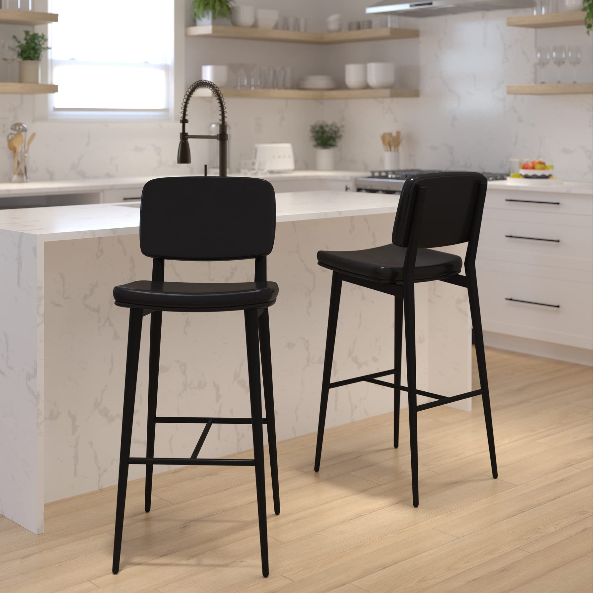 Flash Furniture Kenzie Commercial Grade Mid-Back Barstools - Black LeatherSoft Upholstery - Black Iron Frame with Integrated Footrest - Set of 2