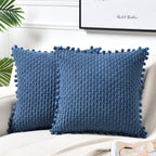 Fancy Homi Set of 2 Dusty Blue Decorative Throw Pillow Covers 24x24 Inch with Pom-poms for Couch Bed Sofa, Modern Farmhouse Boho