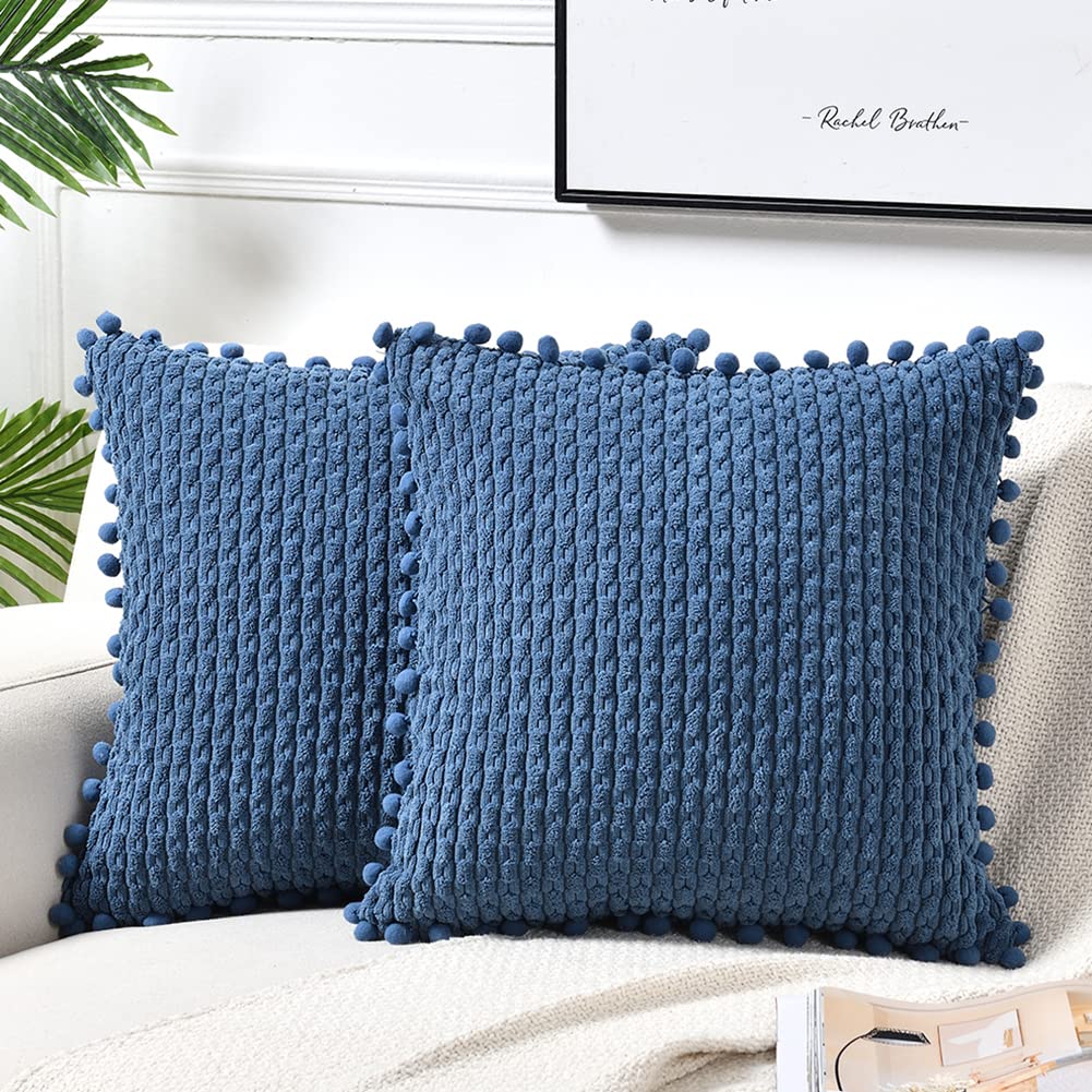 Fancy Homi Set of 2 Dusty Blue Decorative Throw Pillow Covers 24x24 Inch with Pom-poms for Couch Bed Sofa, Modern Farmhouse Boho