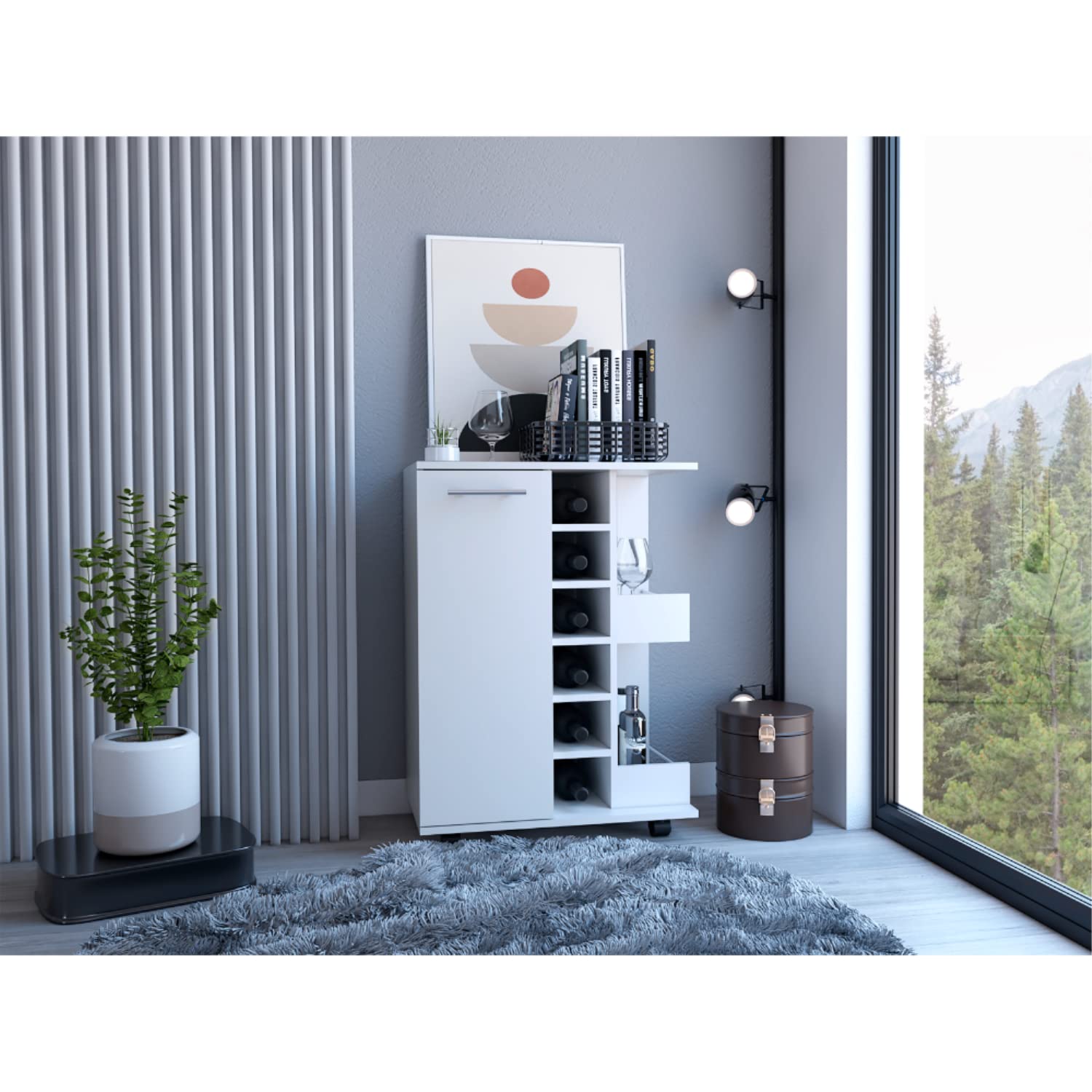 DEPOT E-SHOP Magda Bar Cart, 4 Casters, Single Door Cabinet, 2 External Shelves, White