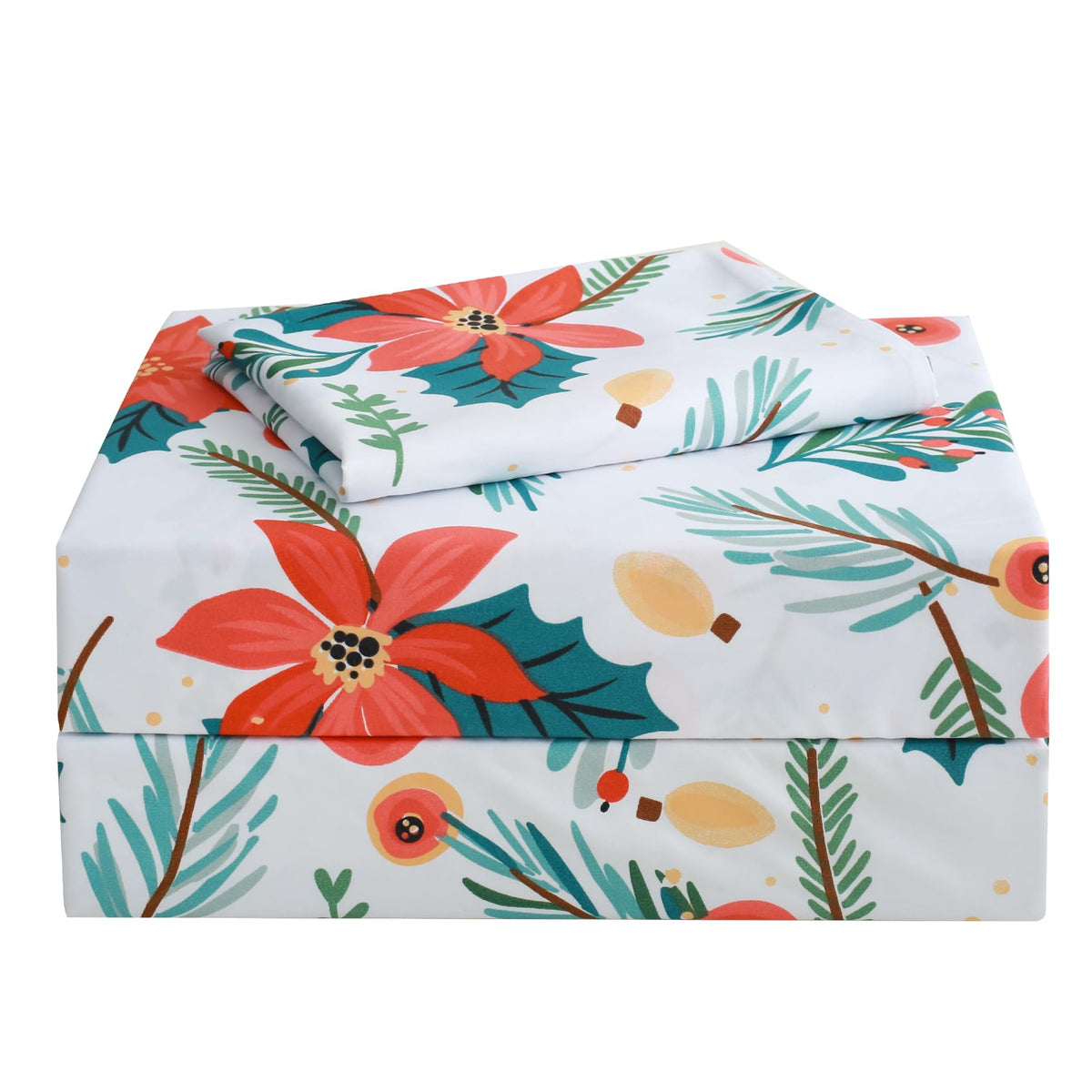 Jsd 3 Piece Red Poinsettia Floral Sheet Set Twin, Soft Printed Microfiber Bedding Sheets Extra Deep Pocket