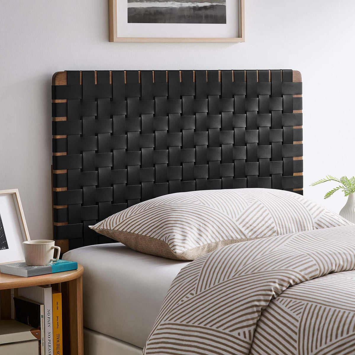 Modway Sparta Vegan Leather Weave Twin Headboard in Walnut Black Faux Leather Twin Headboard Only, Height Adjustable Headboard, Freestanding Headboard for Children's Bedroom or College Dorm