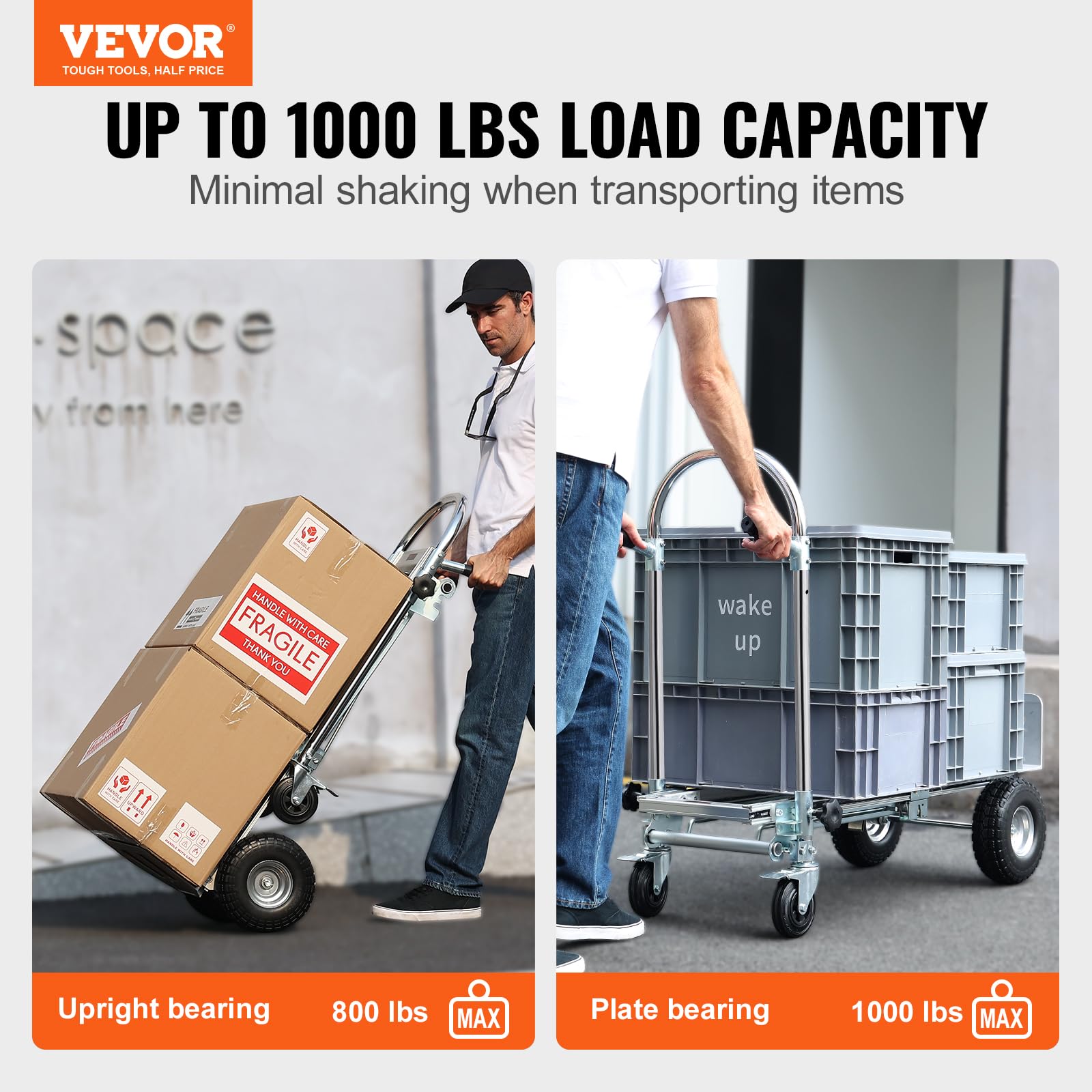 Vevor Aluminum Folding Hand Truck, 4 In 1 Design 1000 Lbs Capacity, Heavy Duty Industrial Collapsible Cart, Dolly Cart With Rubb