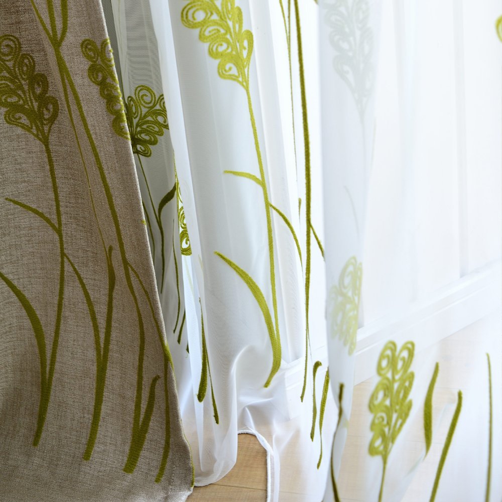 Melodieux Wheat Embroidery Sheer Curtain For Living Room Bedroom, Farmhouse Style Rod Pocket Voile Drape, White/Green, 52 By 84