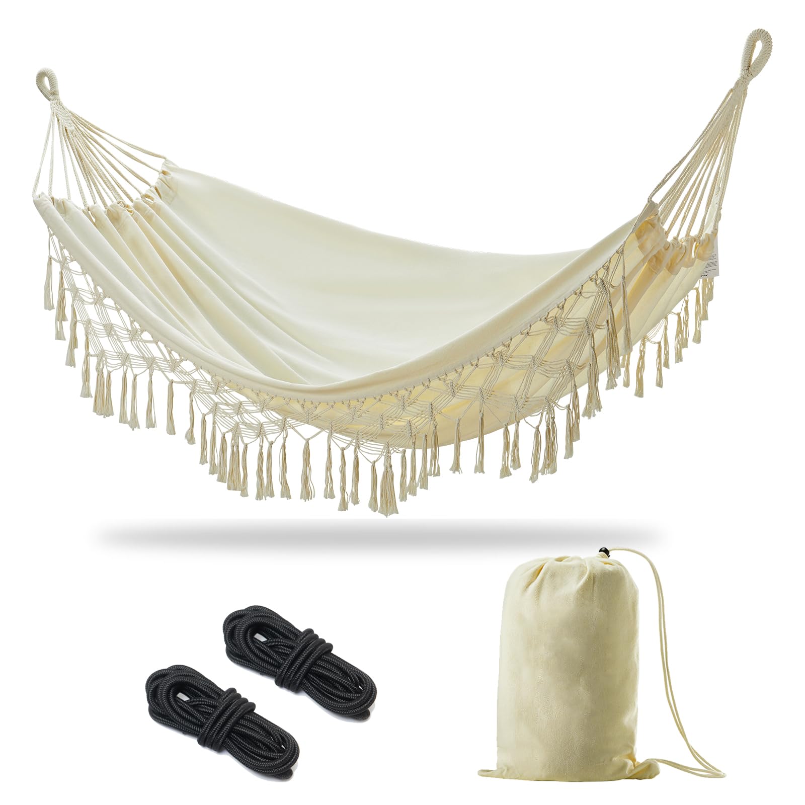 Joyview Boho Macrame Double Hammock With Hanging Ropes & Elegant Tassels 86.6X59 Portable Cotton Hammock For Patio Backyard Porc