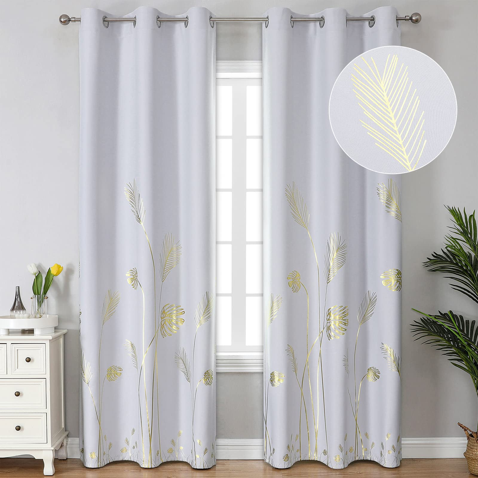 Estelar Textiler Greyish White Curtains 84 Inches Long Room Darkening Curtains Thermal Insulated Blackout Shades With Foil Print
