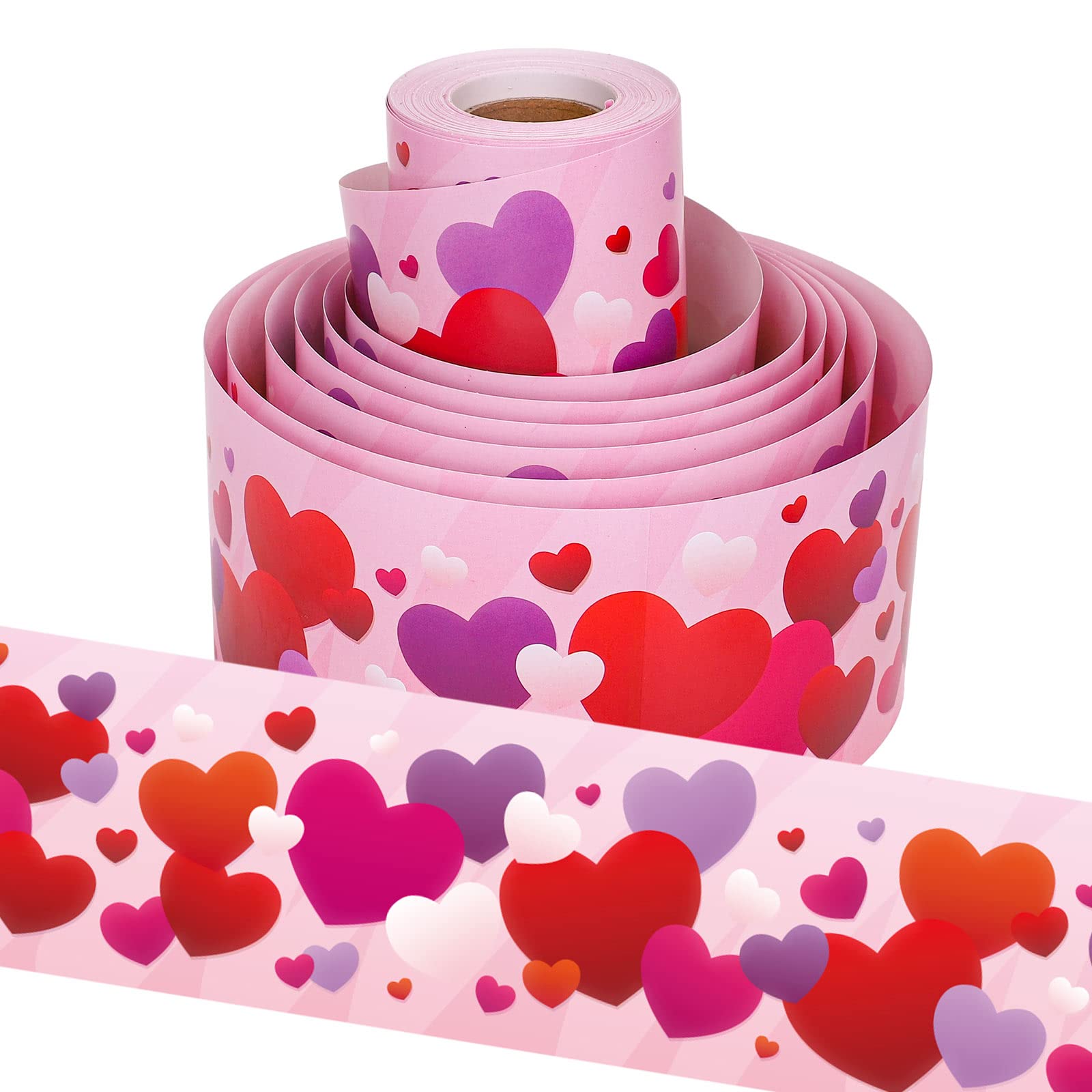 Whaline 65.6Ft Valentine'S Day Heart Bulletin Board Borders Self-Adhesive Red Purple Pink Heart Love Bulletin Trim Border Roll F
