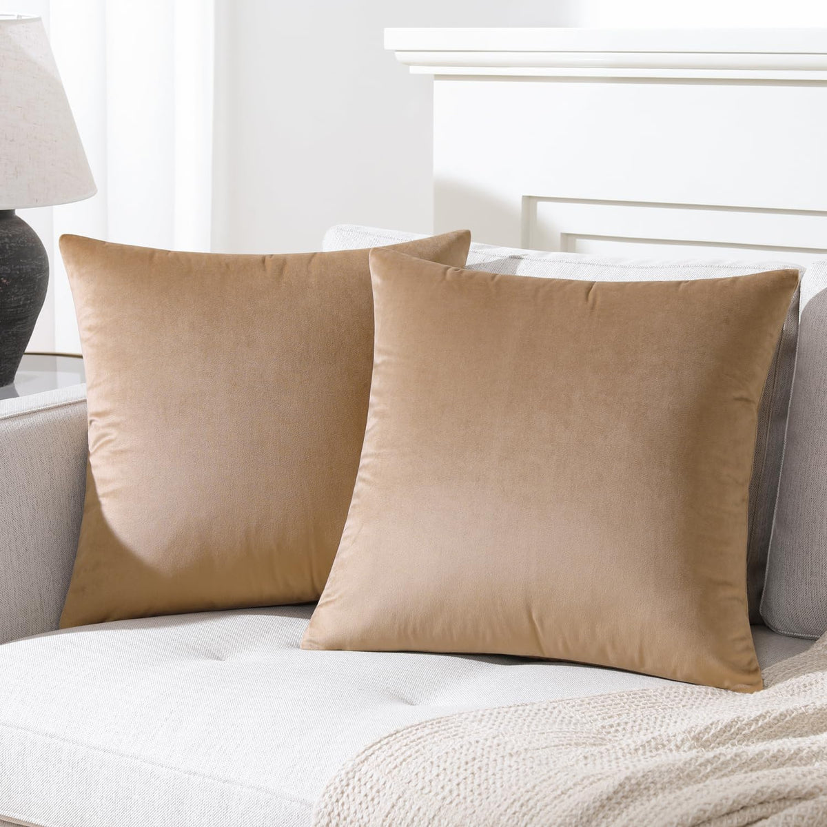 Mixhug Decorative Throw Pillow Covers, Velvet Cushion Covers, Solid Throw Pillow Cases For Couch And Bed, Tan, 26 X 26 Inches, S