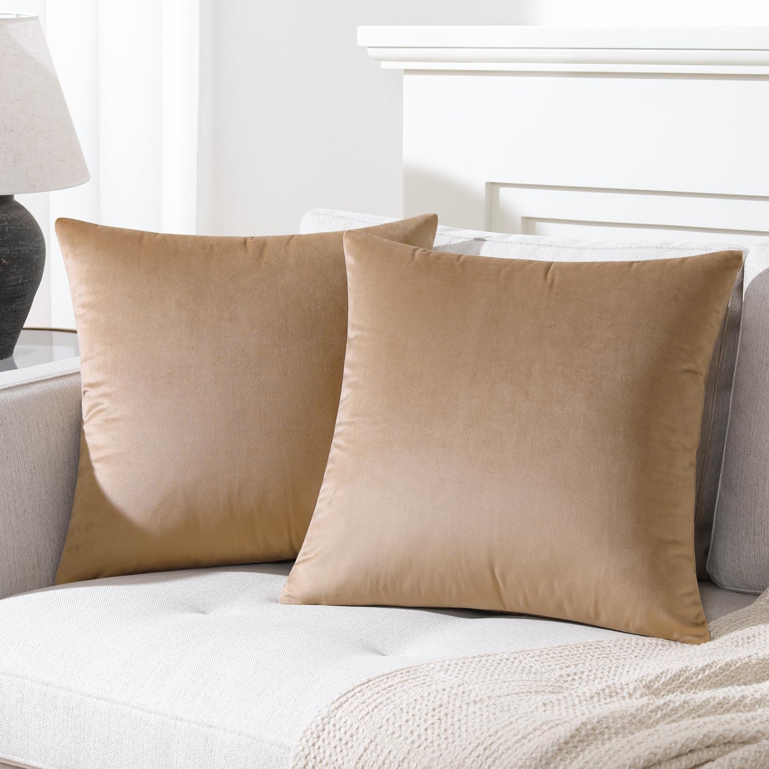 Mixhug Decorative Throw Pillow Covers, Velvet Cushion Covers, Solid Throw Pillow Cases For Couch And Bed, Tan, 22 X 22 Inches, S