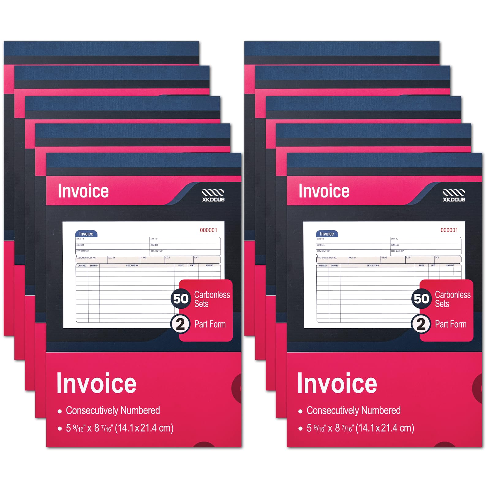 Xkdous 10 Pack Invoice Book, 2-Part Carbonless, 5-9/16' X 8-7/16' Invoice Receipt Book For Small Business, 50 Sets Per Book