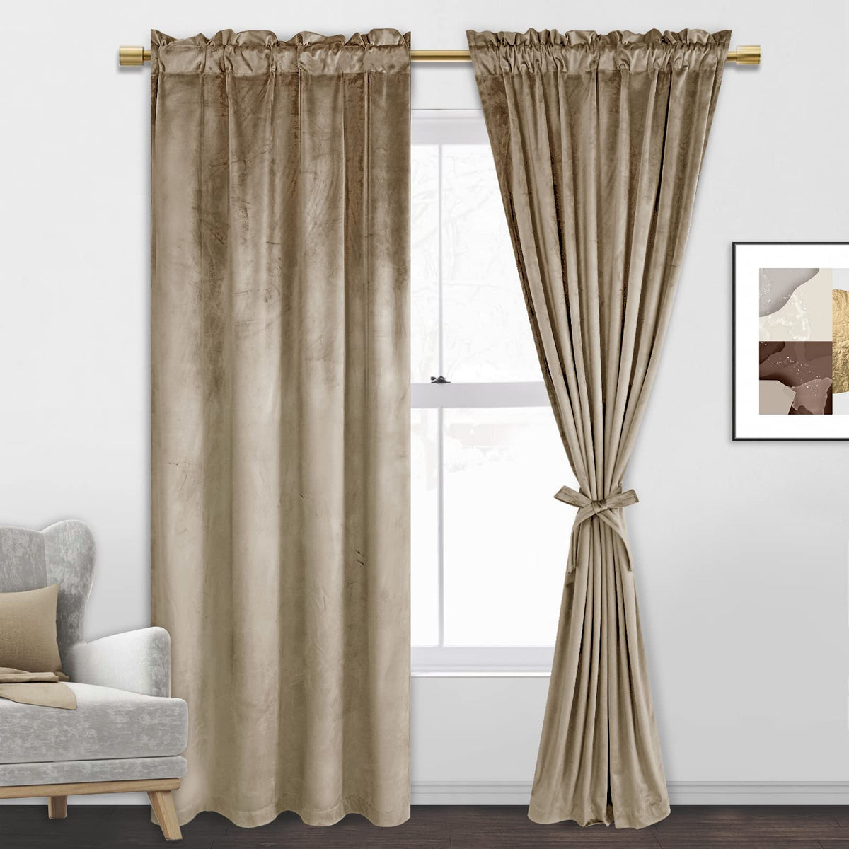 Jiuzhen Velvet Curtains 72 Inch Long Taupe Blackout Curtains & Drapes Thermal Insulated Noise Reducing Rod Pocket Curtains For L