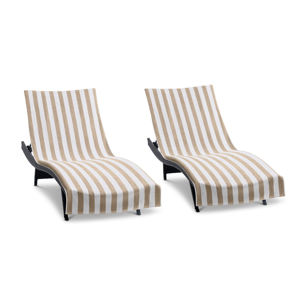 Arkwright California Chaise Lounge Cover - Pack Of 2 - Striped Soft Cotton Cabana Towel With Pocket Holder For Beach Pool Outdoor Chair, 30 X 85 In., Beige