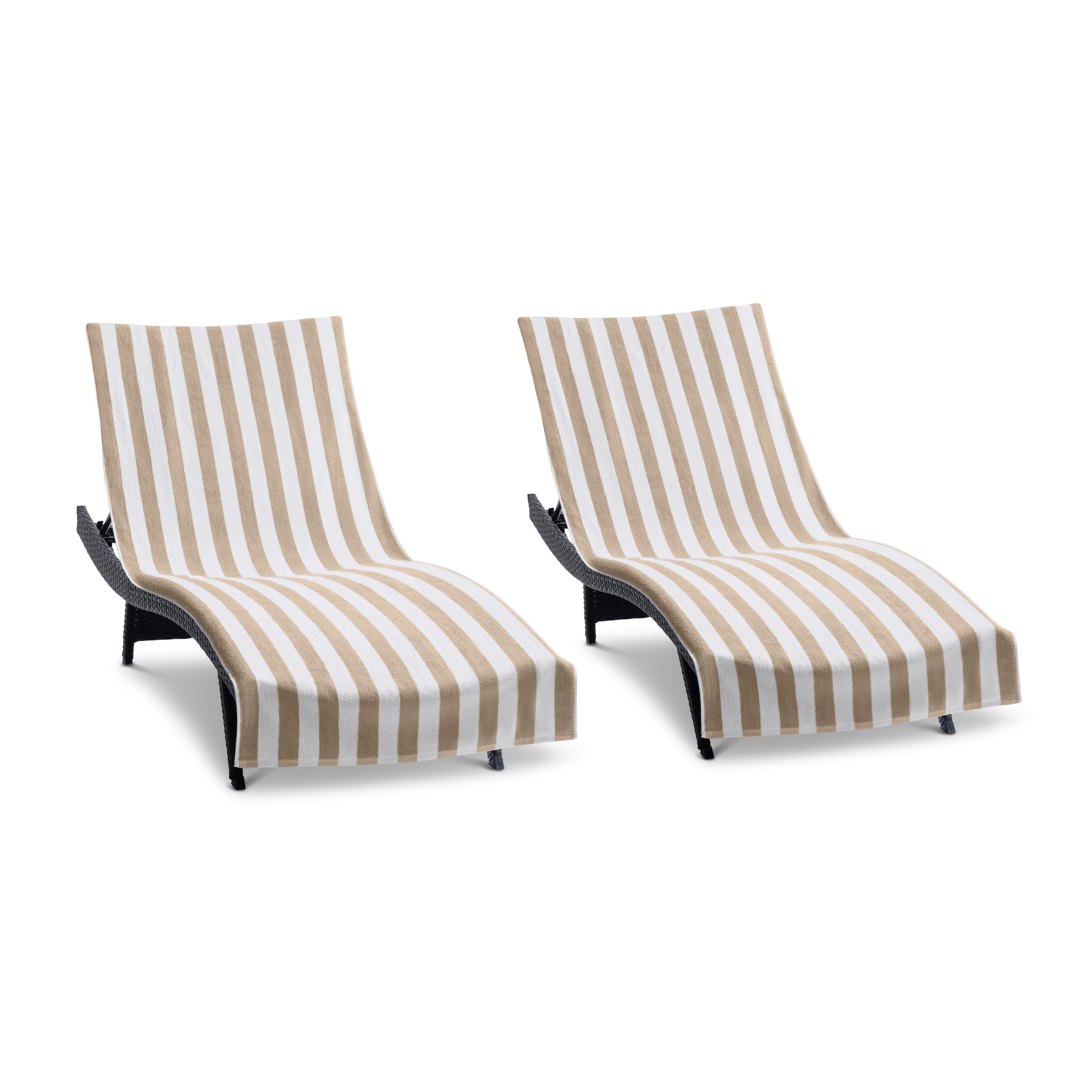 Arkwright California Chaise Lounge Cover - Pack Of 2 - Striped Soft Cotton Cabana Towel With Pocket Holder For Beach Pool Outdoor Chair, 30 X 85 In., Beige