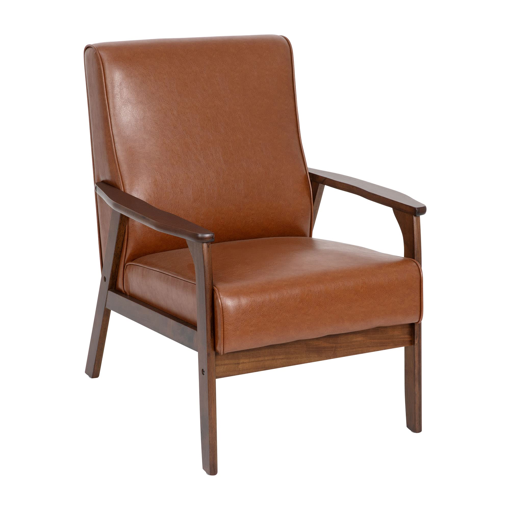 Flash Furniture Langston Commercial Mid Century Modern Chair - Cognac Leathersoft Upholstery - Walnut Finish Wooden Frame And Arms - Extra Supportive Sinuous Springs