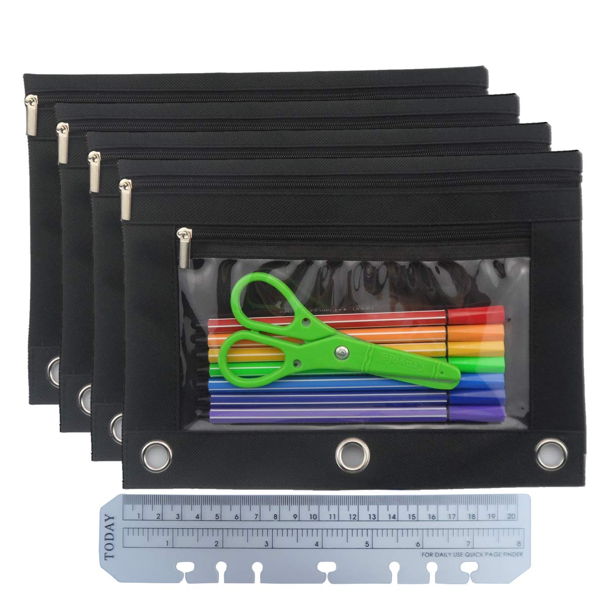 Enyuwlcm 3 Ring Binder Pencil Pouch With Durable Zipper Binder Pencil Case With Clear Window 2 Pocket Black Canvas 4 Pack