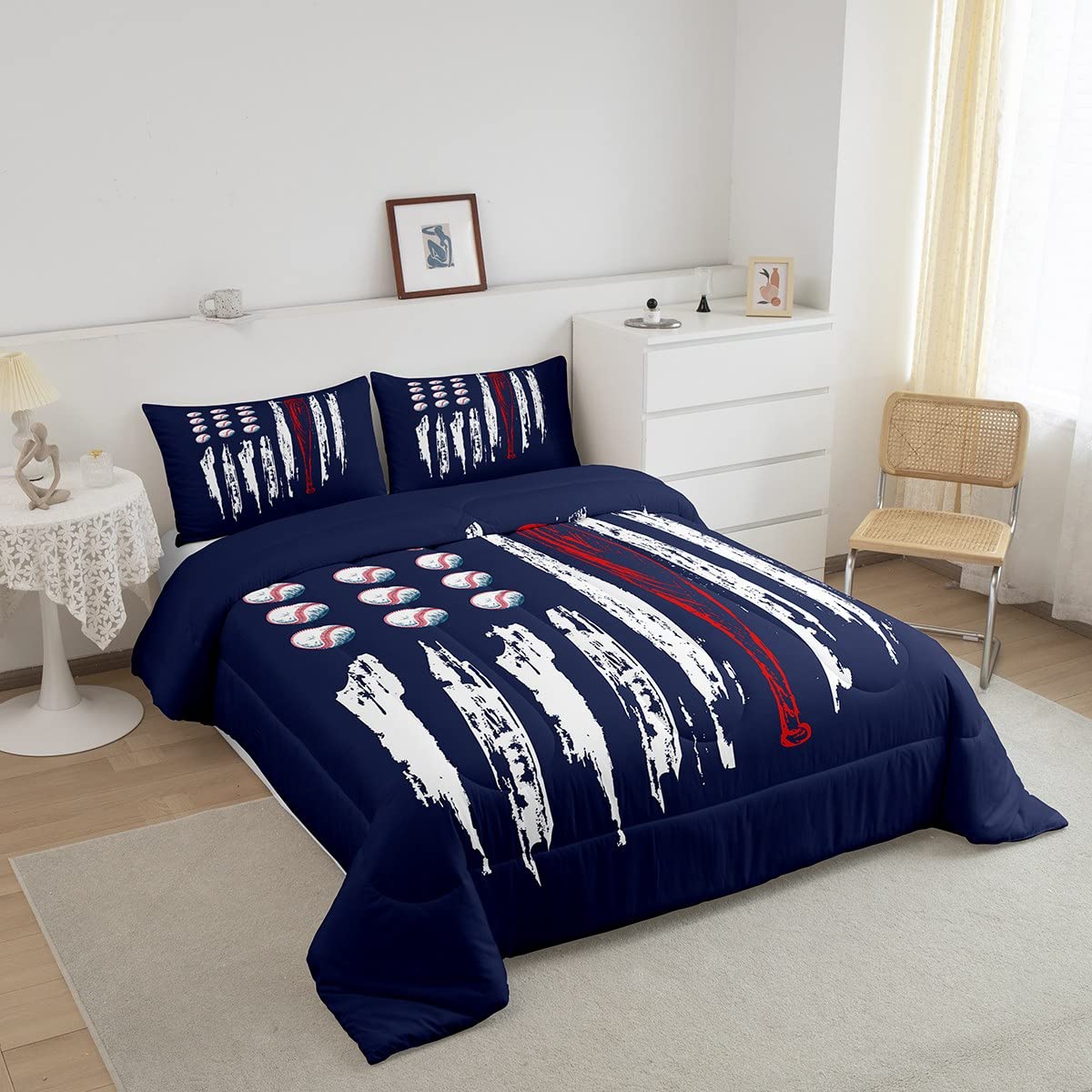 Castle Fairy Baseball Comforter King(104X90 Inch),3 Pieces(1 Baseball Comforter,2 Pillowcases) Navy White Red American Flag Comforter Sport Microfiber Bedding Set For Boy Girls Kids Teens