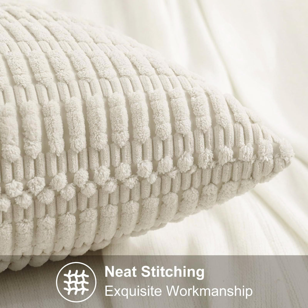 Decoruhome Christmas Cream White Decorative Throw Pillow Covers 18X18 Set Of 2, Soft Corduroy Striped Square Pillow Covers For Couch Living Room Bed Sofa