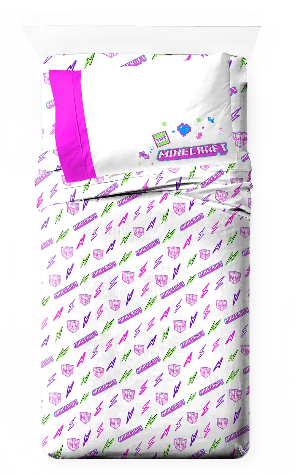 Jay Franco Minecraft Twin Size Sheet Set - Super Soft Kids 3 Piece Cyber Neon Bedding Set Features Creeper - Microfiber Sheets I