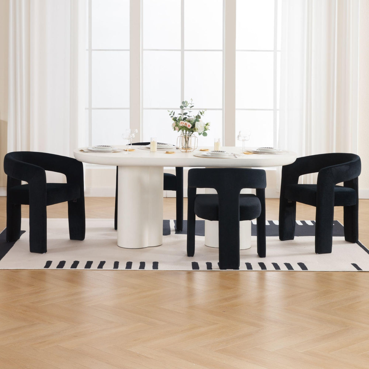 Black Modern Dining Chair Set Of 4, Velvet Upholstered Barrel Kitchen Chair, Round Dining Chairs With Wooden Legs, Assembled Acc
