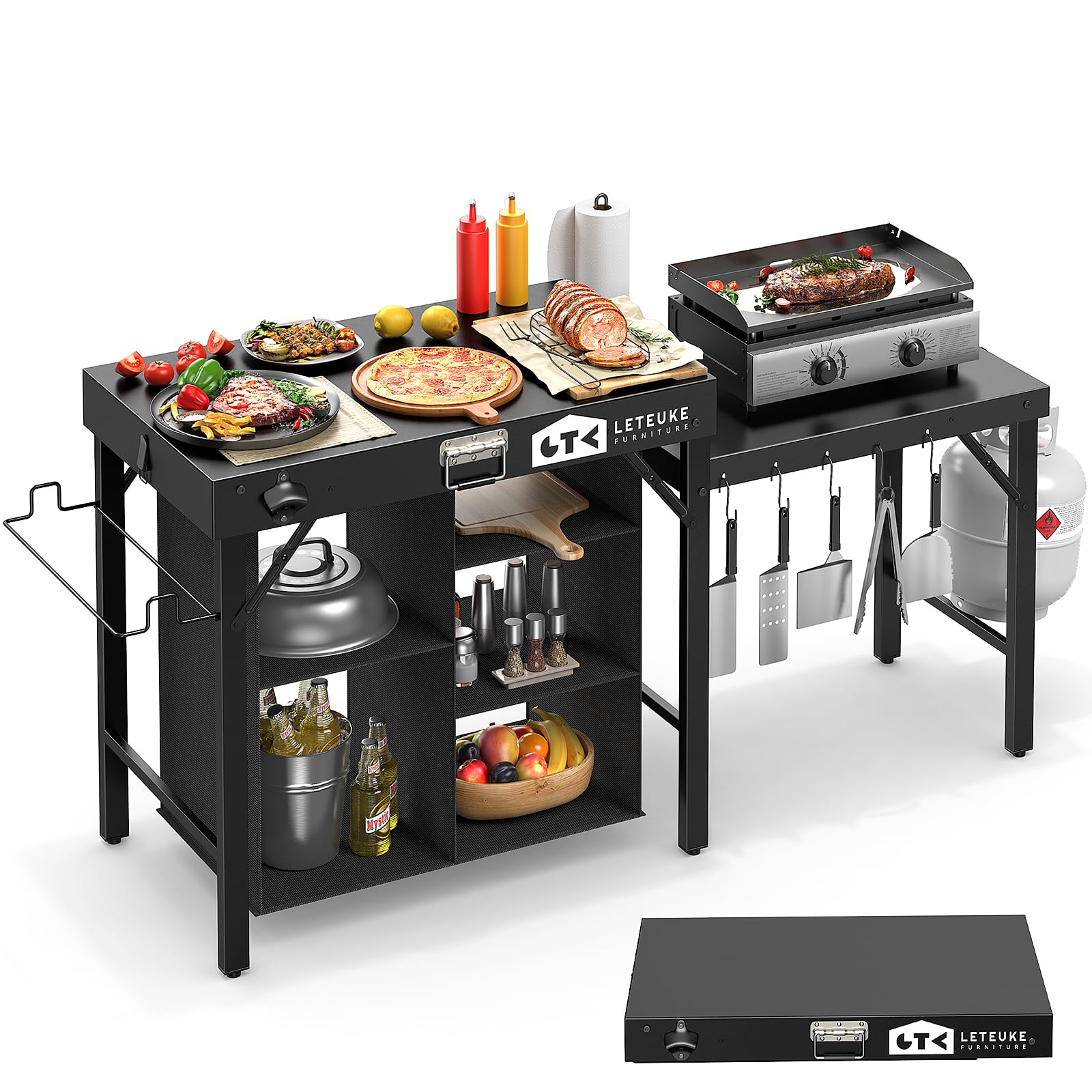 Leteuke Grill Table for Blackstone Griddle, Portable Foldable Grill Table with Storage Fits Ninja, Blackstone Griddle Stand for 