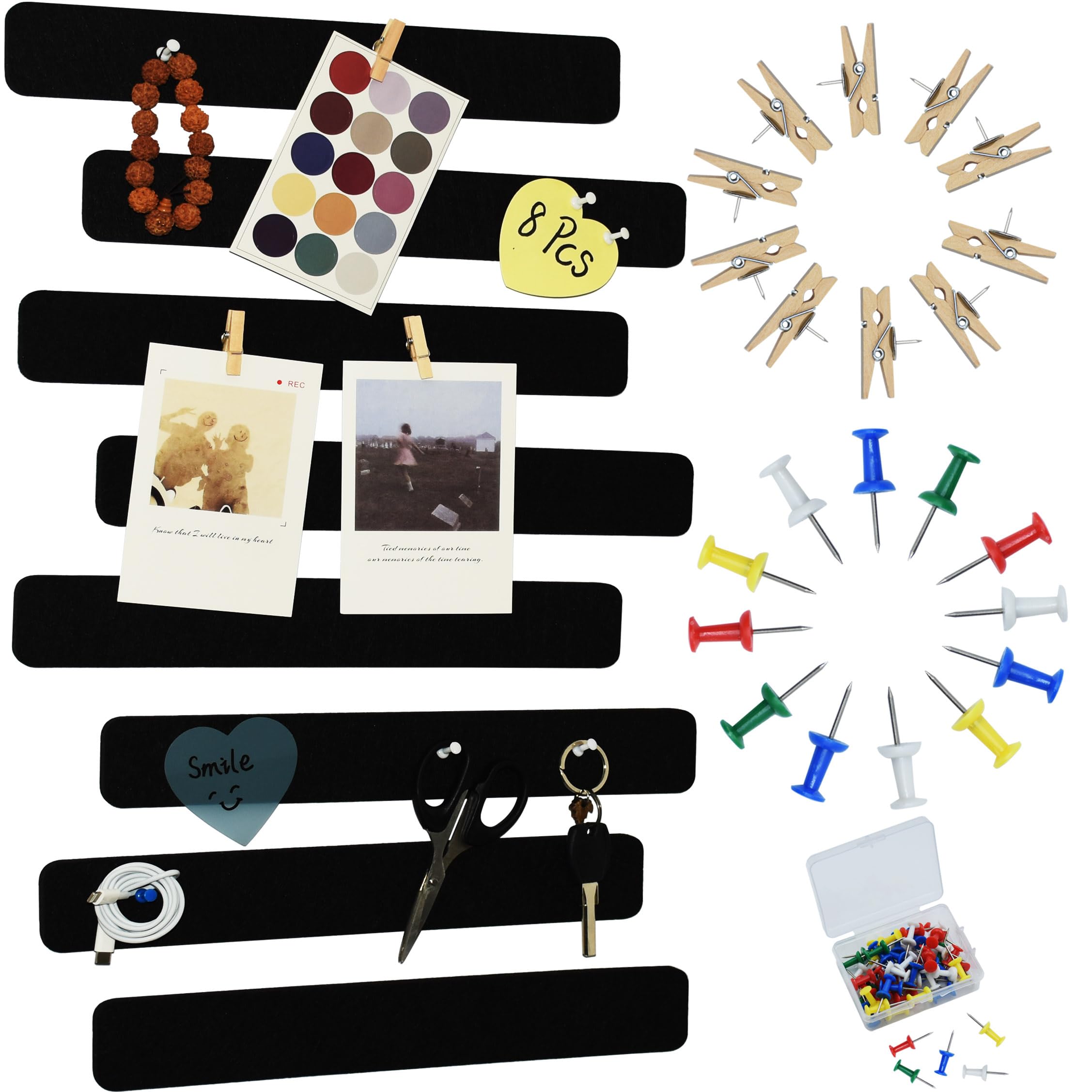 Youdeful Black Bulletin Board Strips, 8Pcs Felt Pin Board Bar Strips With 50 Pushpins, Self-Adhesive Felt Cork Board Strips For