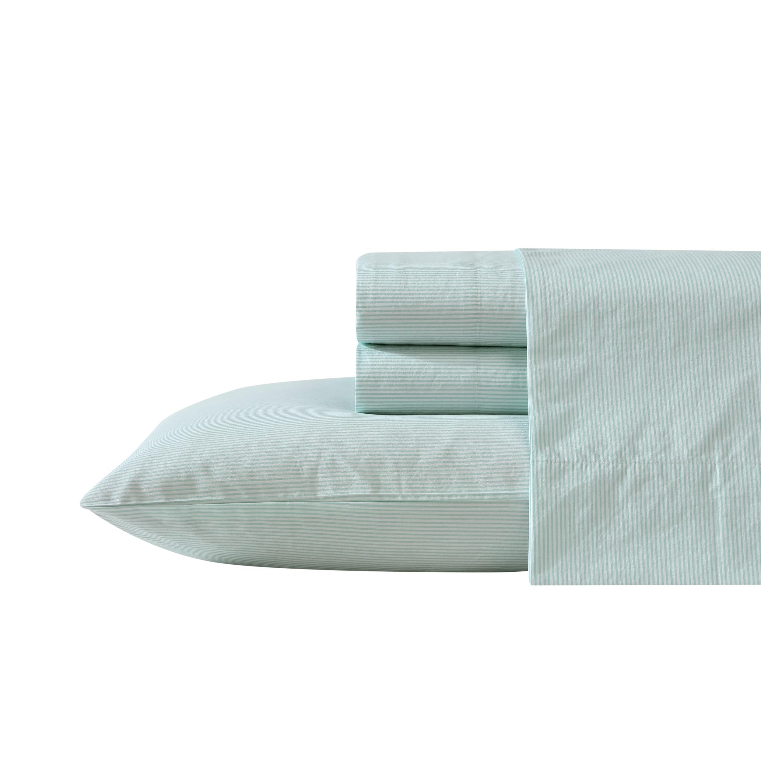 Nautica - Full Sheet Set, Cotton Percale Bedding Set, Crisp & Cool, Lightweight & Breathable (Penny Pinstripe White, Full)