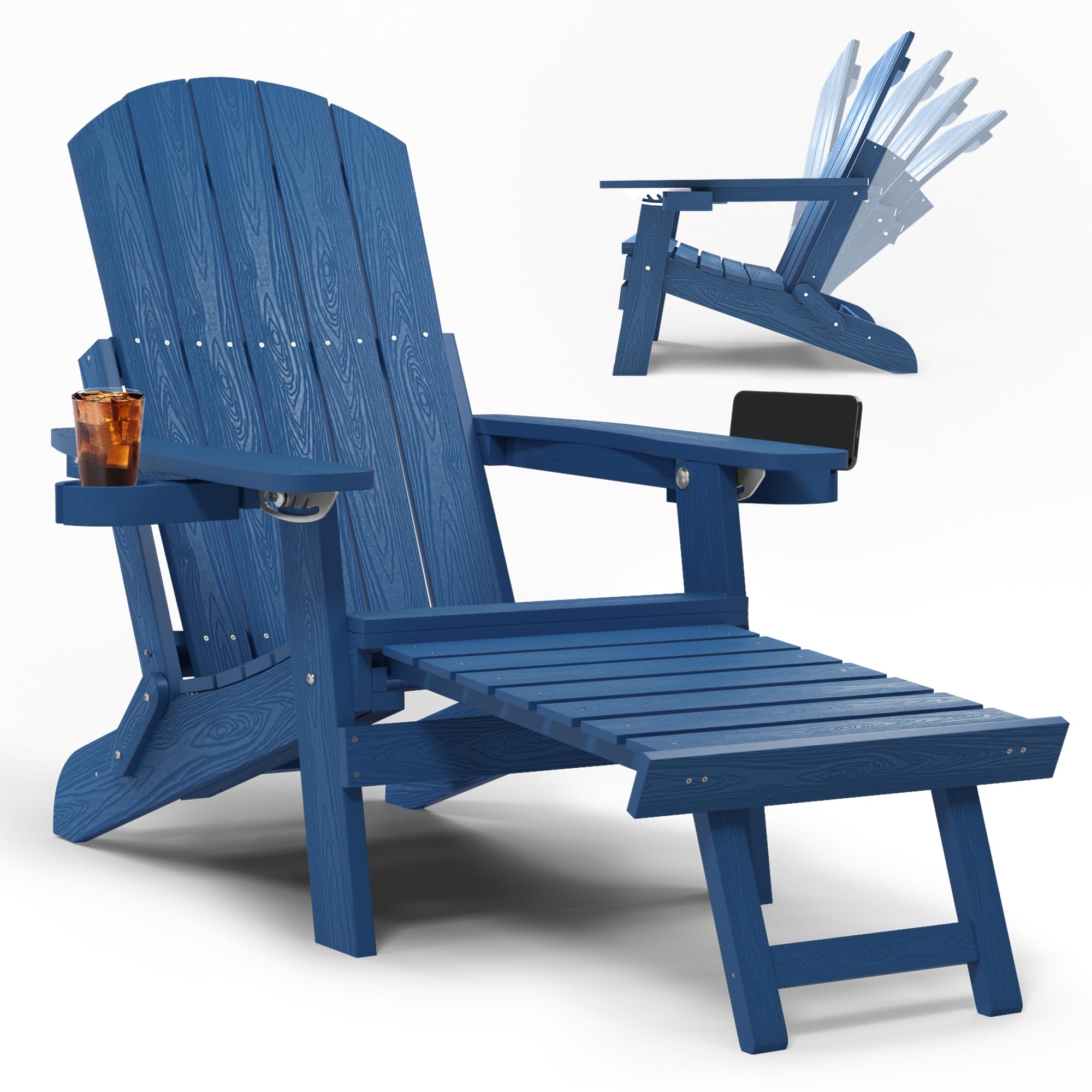 Yefu Folding Adirondack Chair Adjustable Backrest Adirondack Chairs, Adirondack Retractable Ottoman, Weather Resistant With 2 Cup-Holder For Outdoor, Fire Pit, Patio, Garden, Lawn, 380Lbs(Navy Blue)