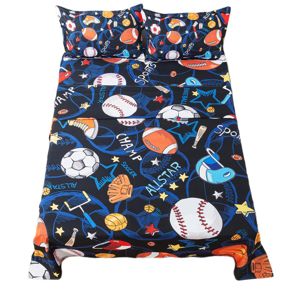 Adasmile A & S Kids Sports Bedding Set Full Size Football Sheets Super Soft Baseball Football Soccer Themed Bed Sheets For Teens