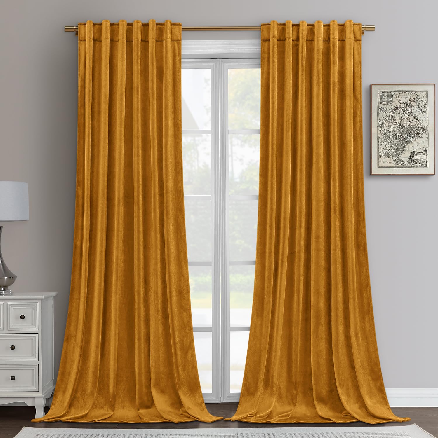 Homeideas Mustard Yellow Velvet Curtains 52 X 96 Inches, 2 Panels Thick And Luxury Room Darkening Curtains/Drapes, Thermal Insul