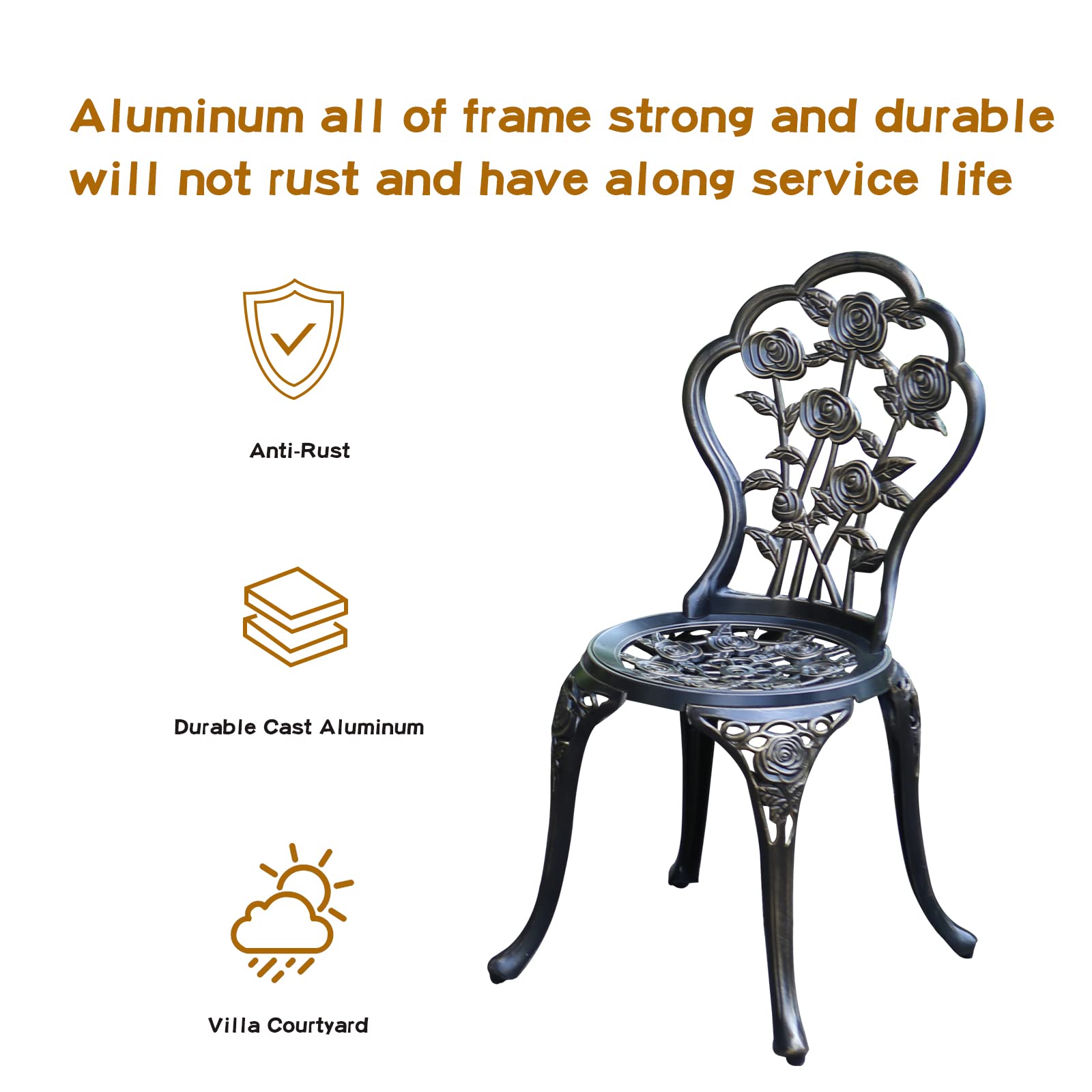 Jardin De Centennial Patio Bistro Set.Rust-Resistant Cast Aluminum Bistro Table Set With Umbrella Hole For Backyard (Rose Copper)