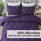 Andency Purple Comforter Set Queen Size, 3 Pieces Pintuck Bedding Comforters For Queen Bed, All Season Soft Lightweight Pinch Pleat Microfiber Bed Set