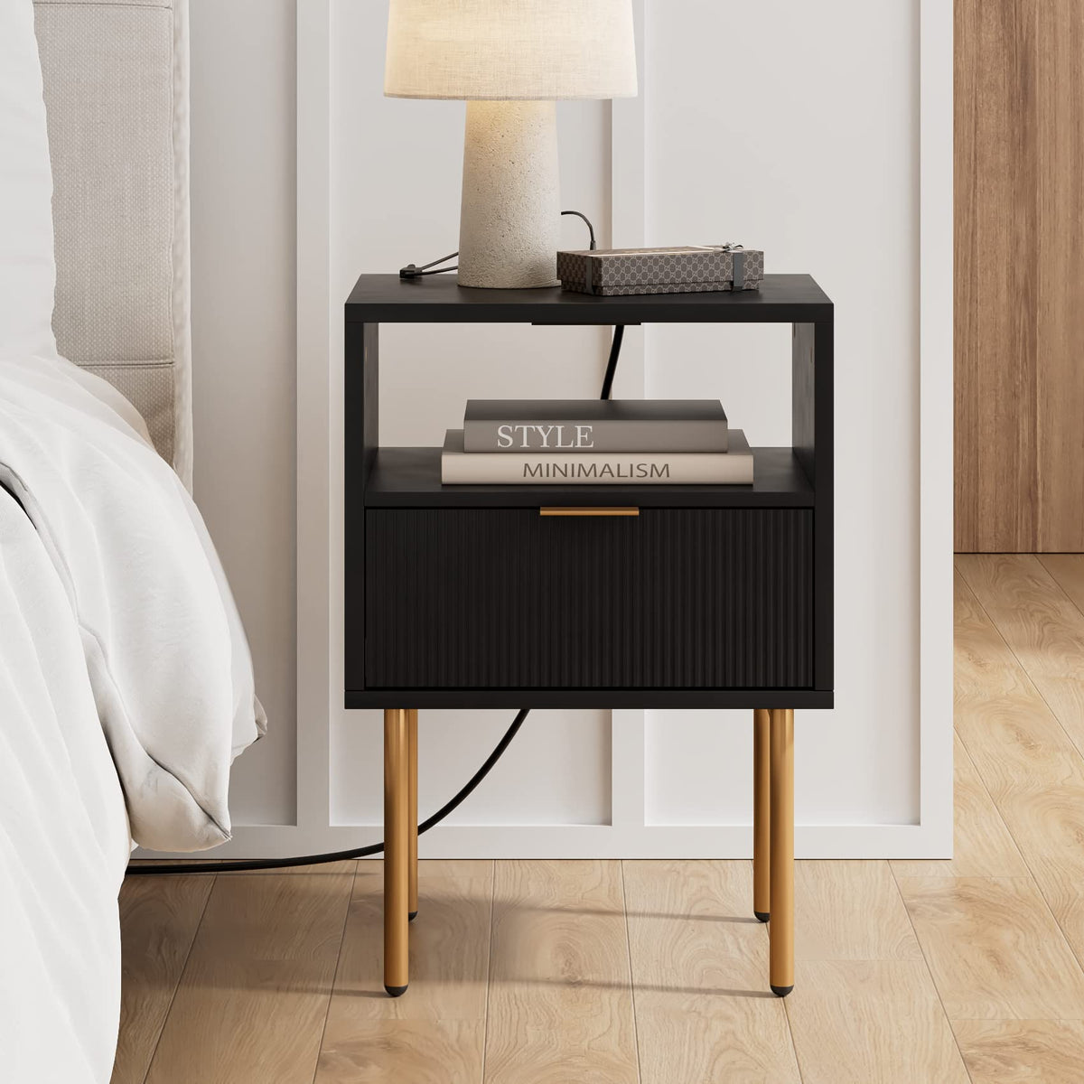 Masupu Nightstand With Charging Station,Mid-Century Modern Bedside Table With Storage Drawer And Open Wood Shelf,Small Gold Frame Side Table For Bedroom,Living Room (Black)