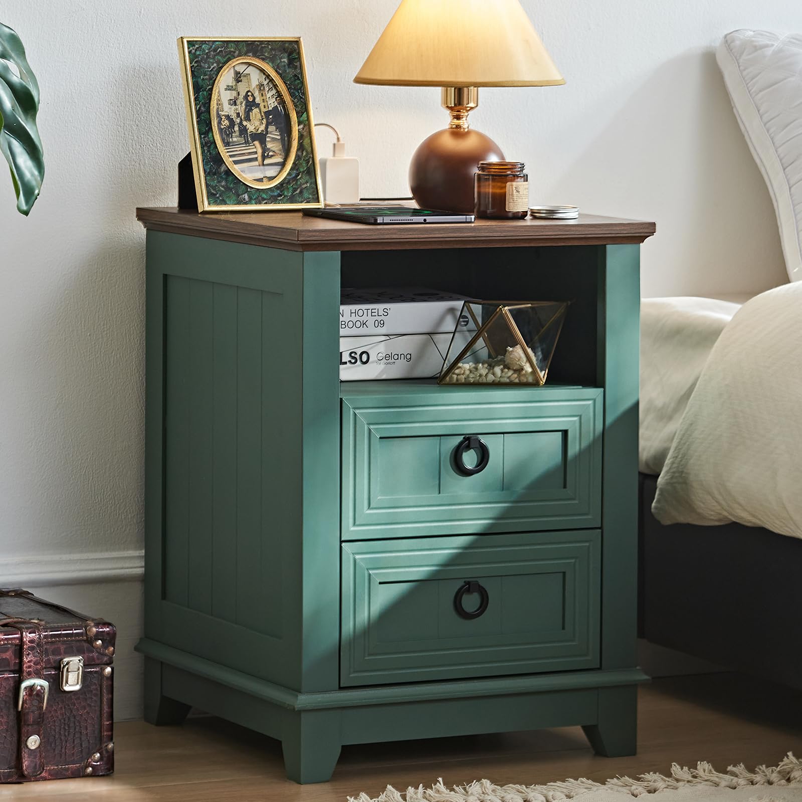Joaxswe 18 Farmhouse Night Stand with Charging Station, 2 Drawers Bedside End Table, Green Wooden Nightstand, Bed Side Table Cab