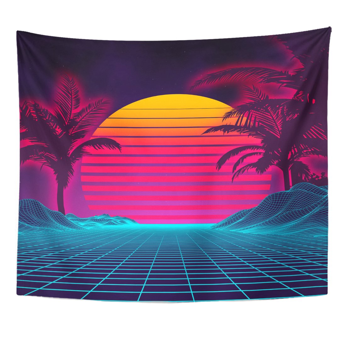 Tompop Tapestry Retro Futuristic Neon Landscape 1980S Digital Cyber 80S Party Sci Home Decor Wall Hanging For Living Room Bedroo