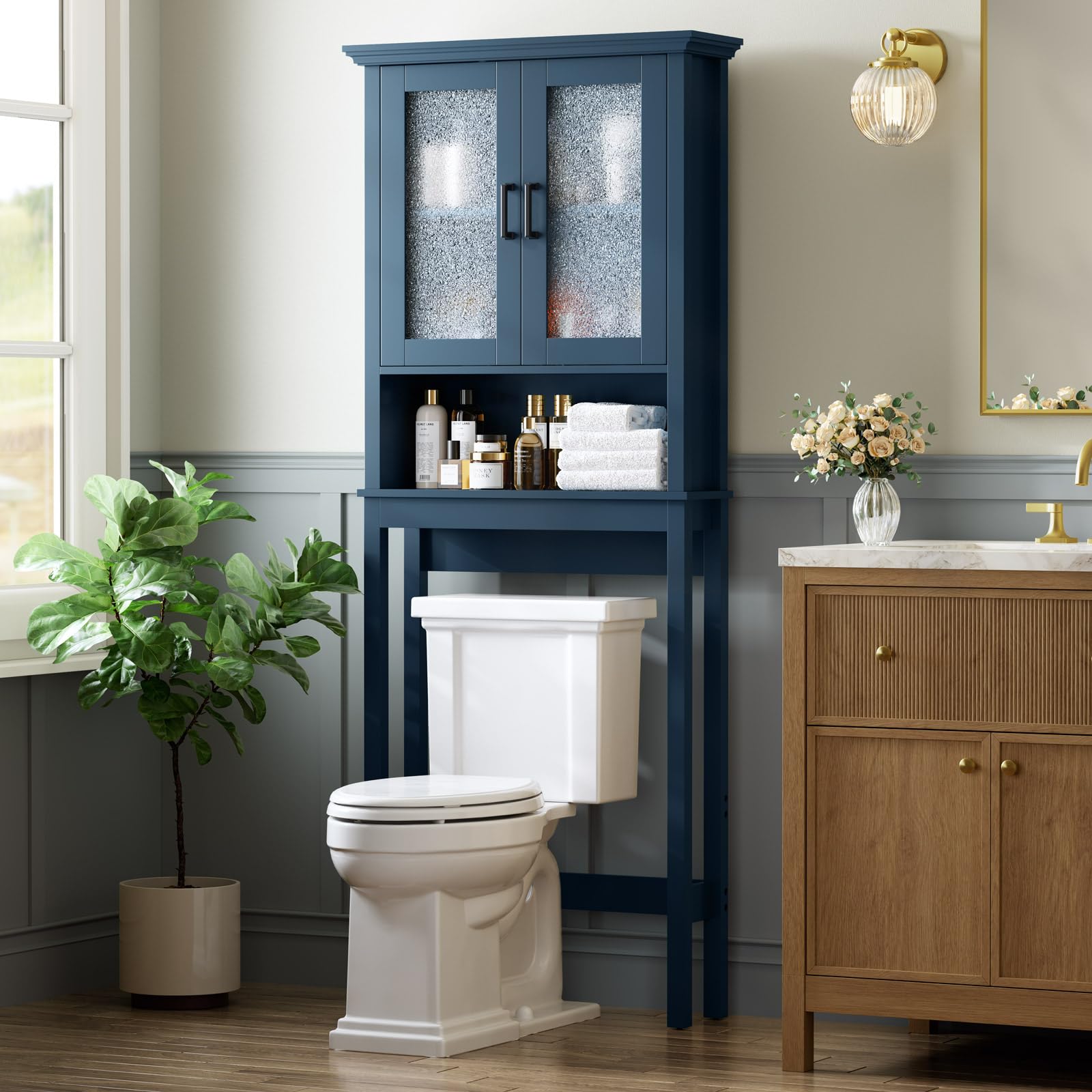 Baztin Over The Toilet Storage Cabinet, Over Toilet Storage Bathroom Cabinet with Glass Door and Adjustable Shelf, Above The Toi