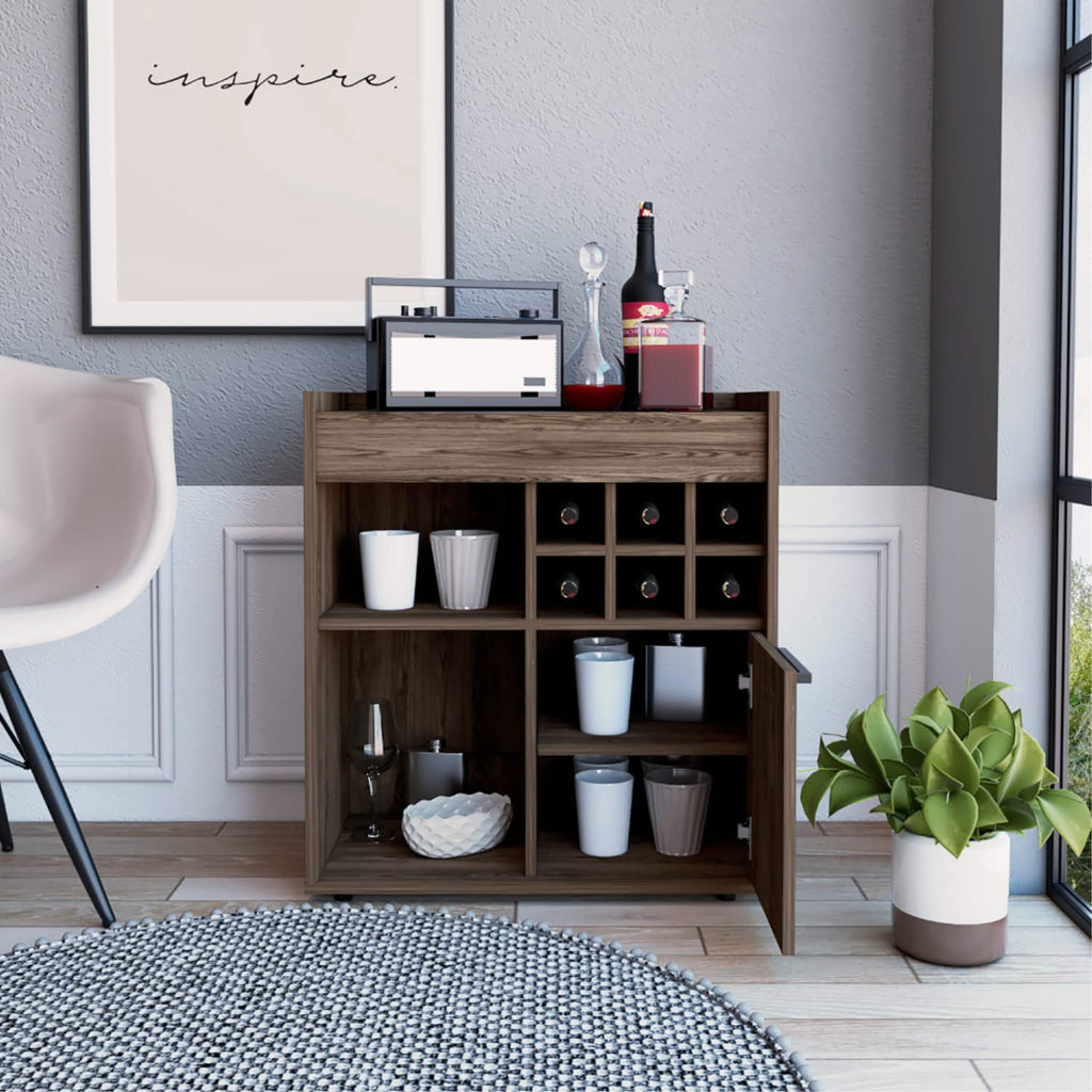 Bar- Coffee Cart 29"" H, Kitchen Or Living Room Cabinet Storage, with 6 Bottle Racks, A Central Shelf Covered by 1 Wood Door, Ideal for Storing Glasses and Snacks, Dark Walnut
