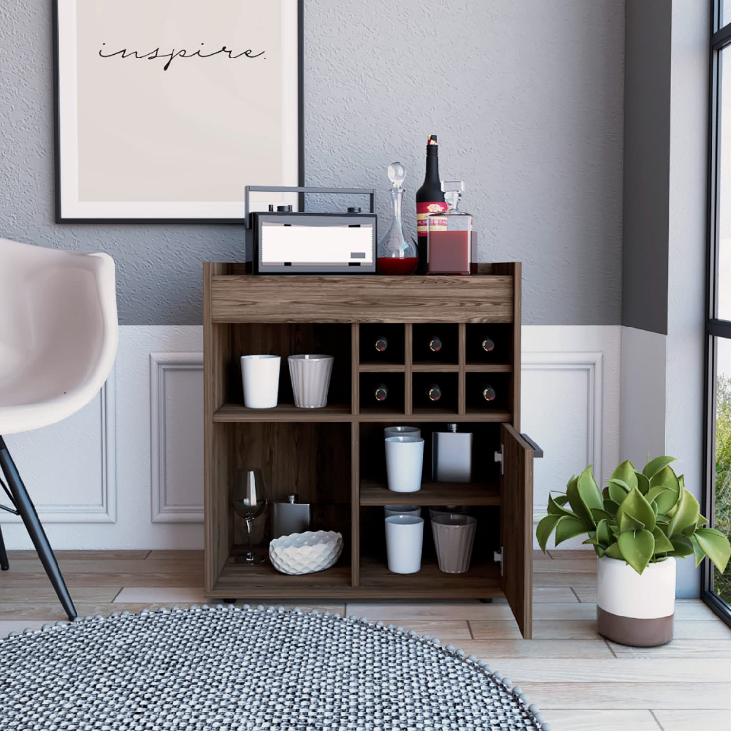 Bar- Coffee Cart 29"" H, Kitchen Or Living Room Cabinet Storage, with 6 Bottle Racks, A Central Shelf Covered by 1 Wood Door, Ideal for Storing Glasses and Snacks, Dark Walnut