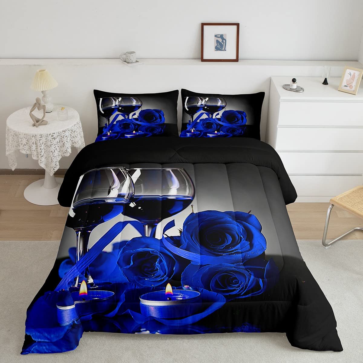 Erosebridal Rose Floral Bedding Set Full 3D Blue Rose Wine Glass Comforter Set For Women Men Adult Romantic Valentine'S Day Blos