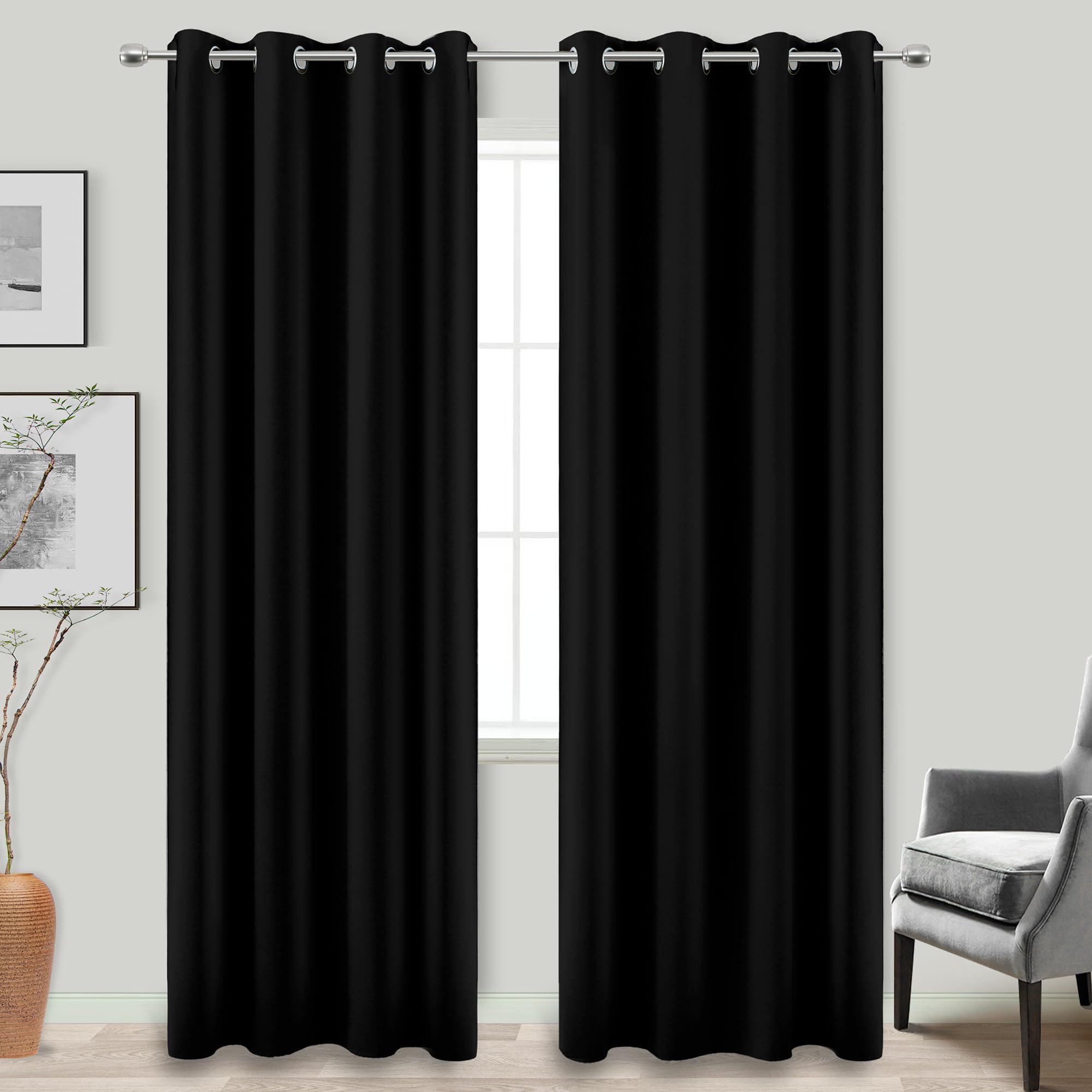 Black Curtains 96 Inches Long for Living Room Window 2 Panels Set with Rings at Top Grommet Control Light Preventing Microfiber 