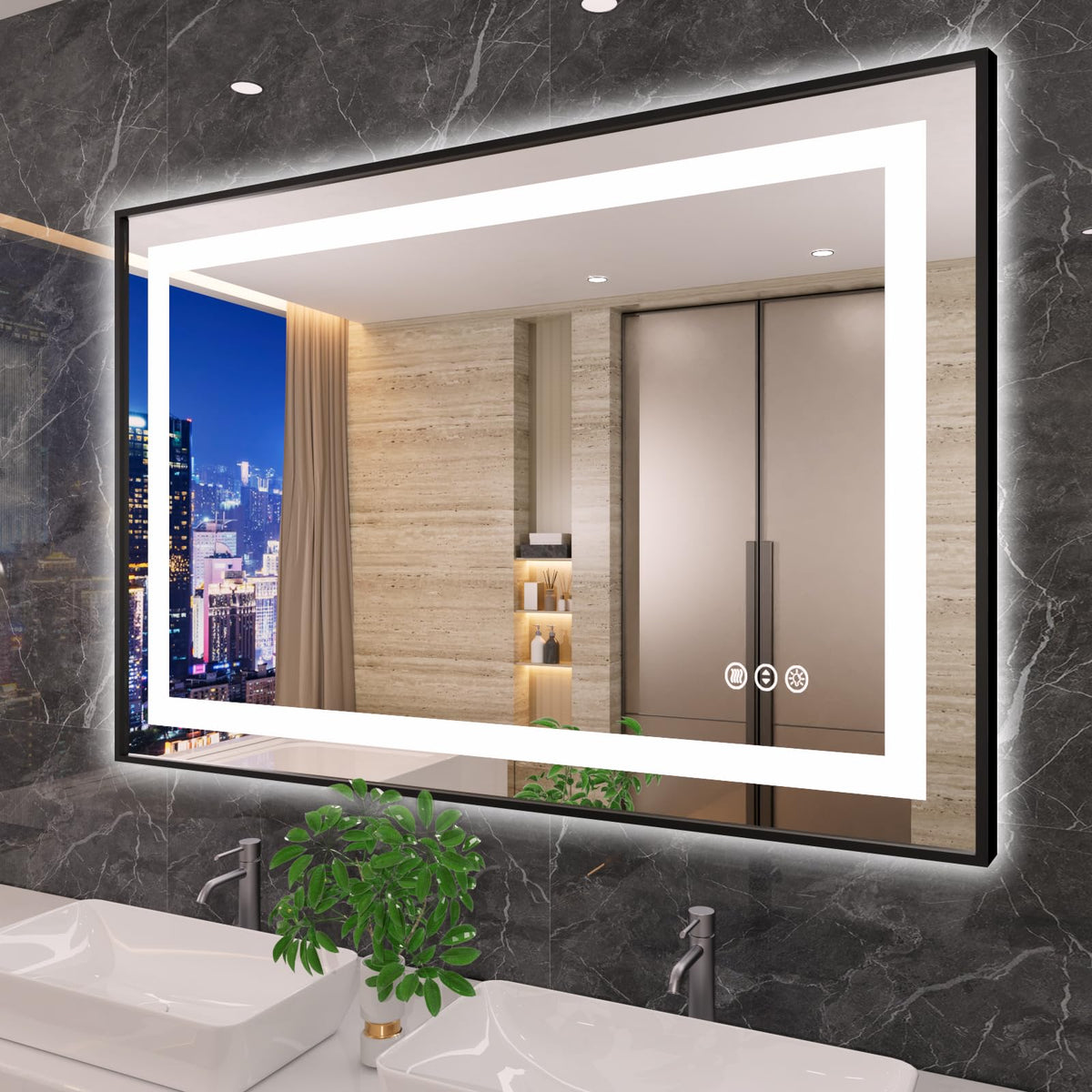 Amorho 48''x 32'' Black LED Mirror for Bathroom, Front Light and Backlit Framed Mirror, Stepless Dimmable, Anti-Fog, Shatter-Pro