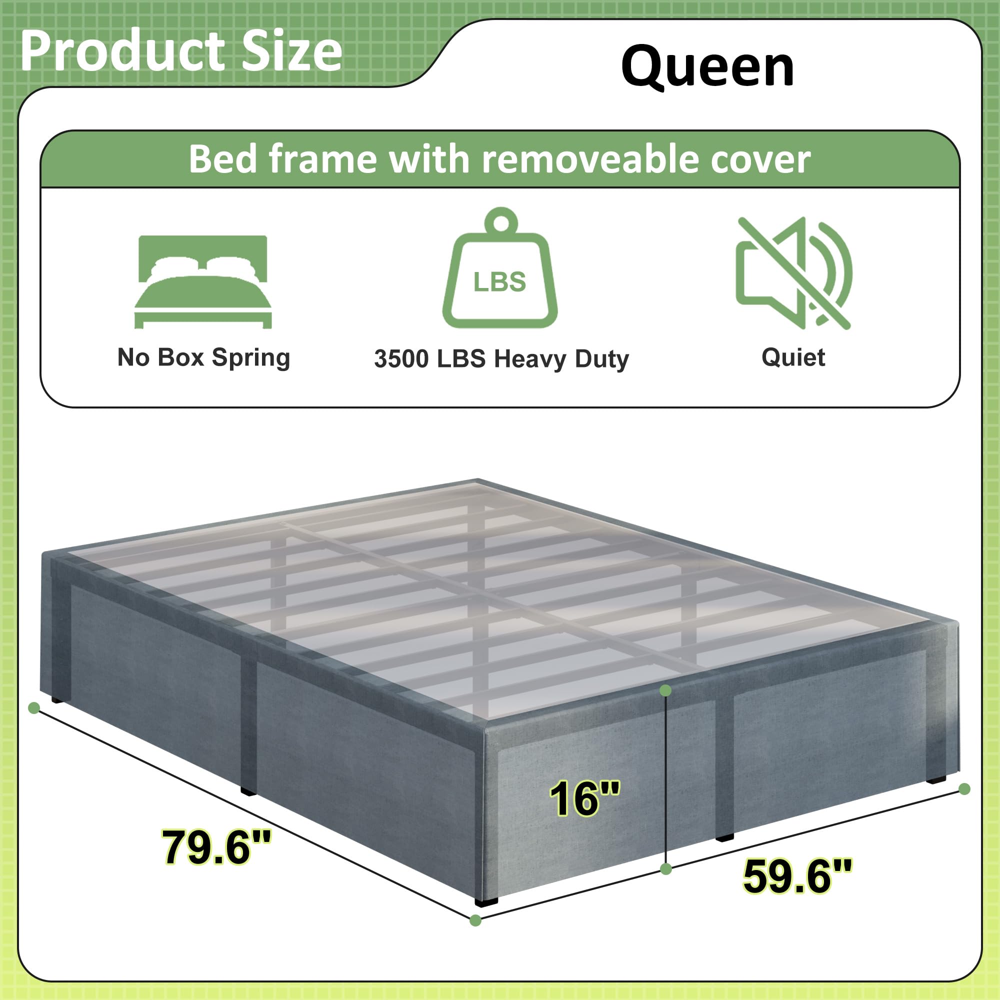 Upcanso 16 Inch Bed Frame Queen Size With Fabric Cover, Metal Platform Queen Bed Frame With Storage No Box Spring Needed, Heavy Duty Non-Slip, Easy Assembly Mattress Foundation